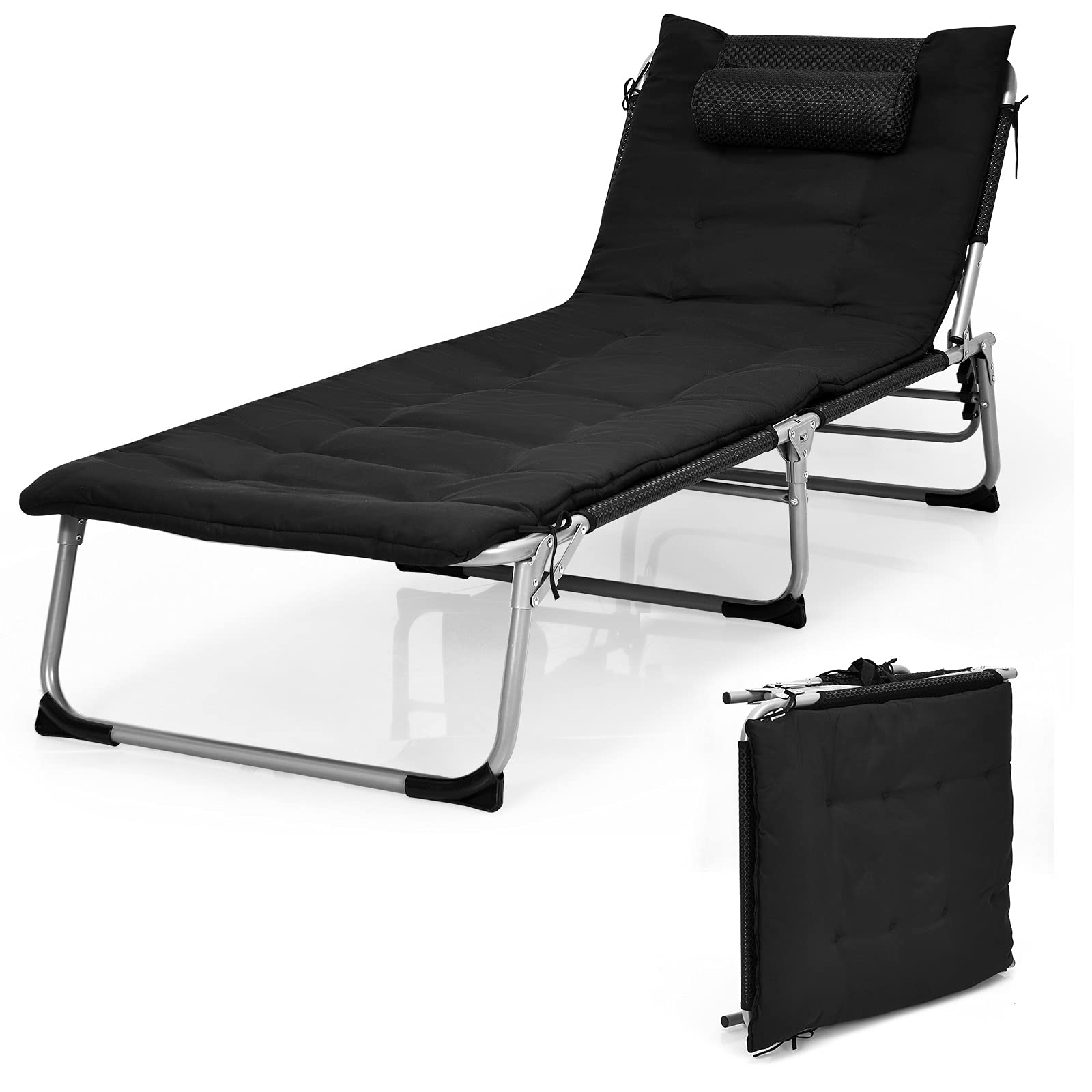 Tangkula 4-Position Folding Chaise Lounge Chair with Mattress & Pillow - Tri-Fold Portable Reclining Chair with Side Pocket, Supports 330 lbs - Perfect for Beach, Pool, Camping, Patio, Backyard & Indoor Relaxation (Black)