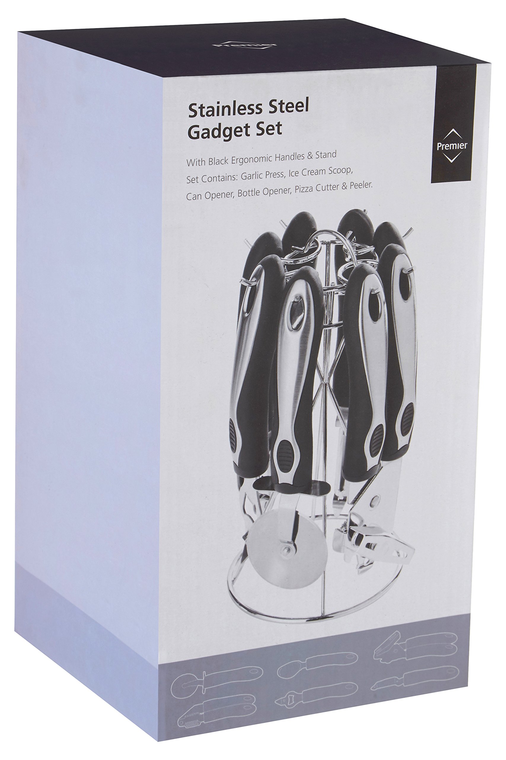 Premium 6-Piece Chrome Finish Kitchen Gadget Set with Stand - Includes Bottle Opener, Can Opener, Garlic Press, Peeler & Pizza Cutter - Stainless Steel Blades - 24x12x12cm - Perfect for Home Cooking, Meal Prep & Hosting Parties