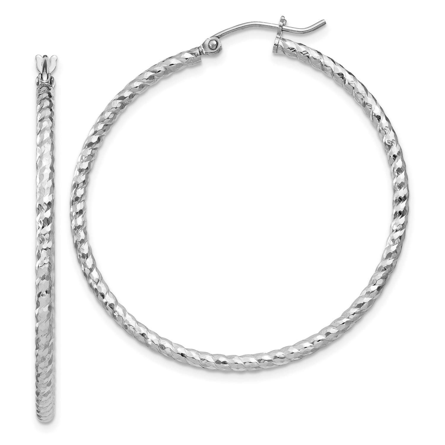 Sterling Silver 2mm Diamond-Cut Hinged Hoop Earrings for Women - 39x39mm Elegant Everyday Jewelry for Work, Party & Special Occasions