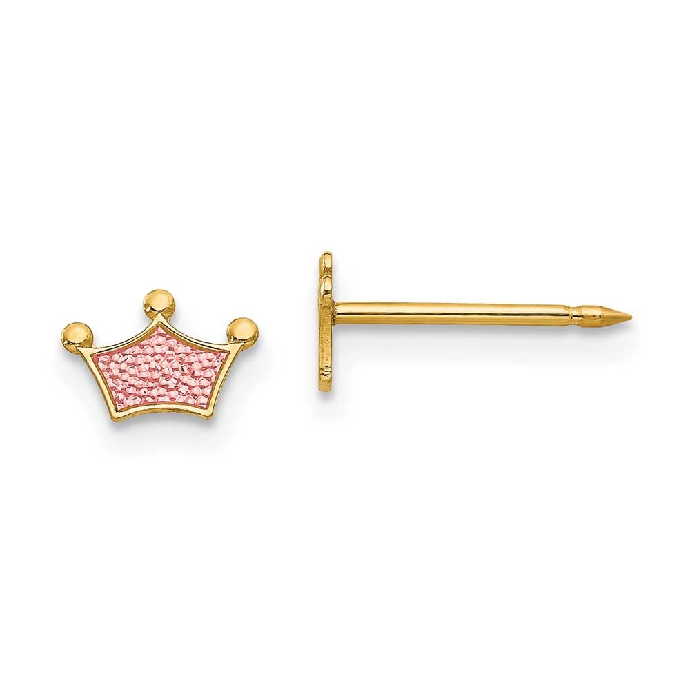 14k Gold Epoxy Filled Pink Crown Stud Earrings for Women - Elegant Jewelry Gift for Birthday, Anniversary & Special Occasions