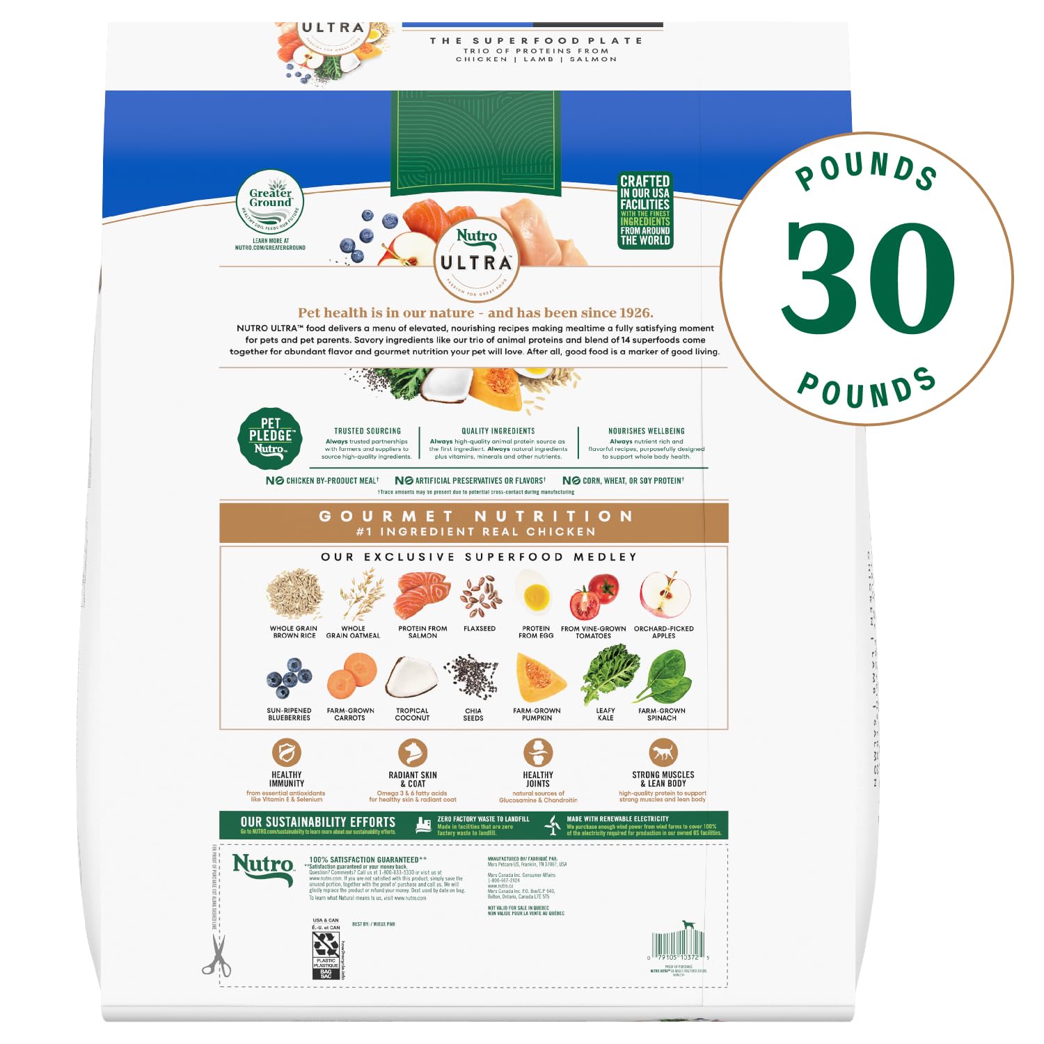 Nutro Ultra Adult Large Breed Dry Dog Food - Chicken, Lamb & Salmon Protein Trio (30 lb Bag) | Premium Nutrition for Active Large Dogs | Ideal for Daily Feeding & Training Rewards