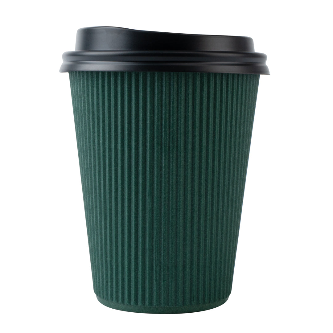 12 oz Eco-Friendly Dark Green Ripple Wall Coffee Cups with Black Lids - 20 Count Box (3.5