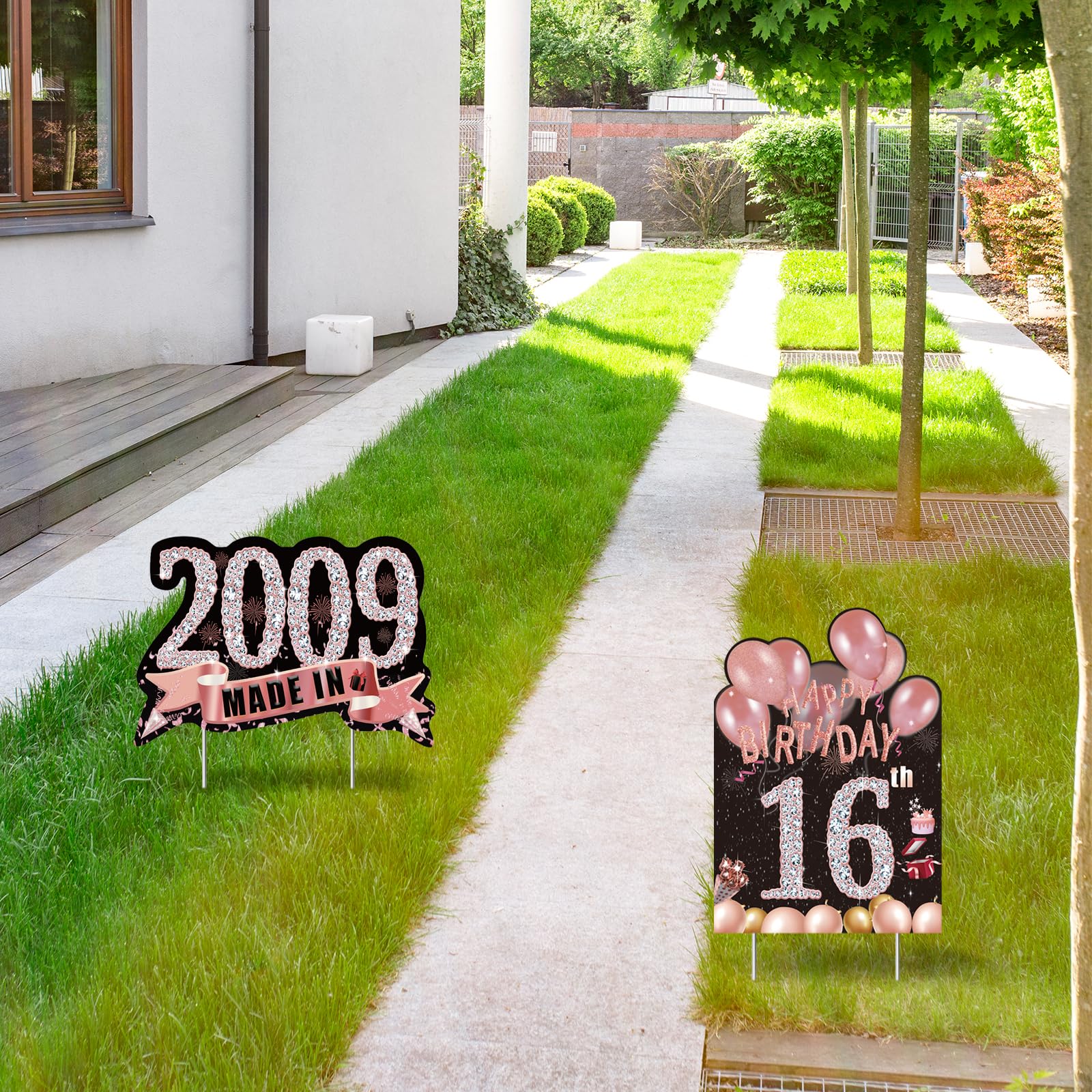 2Pcs Sweet 16 Birthday Yard Signs - Weatherproof Outdoor Party Decorations with Stakes for Girls, Made in 2009 | Perfect for Lawn Decor, Backyard Celebrations & Milestone Birthday Parties