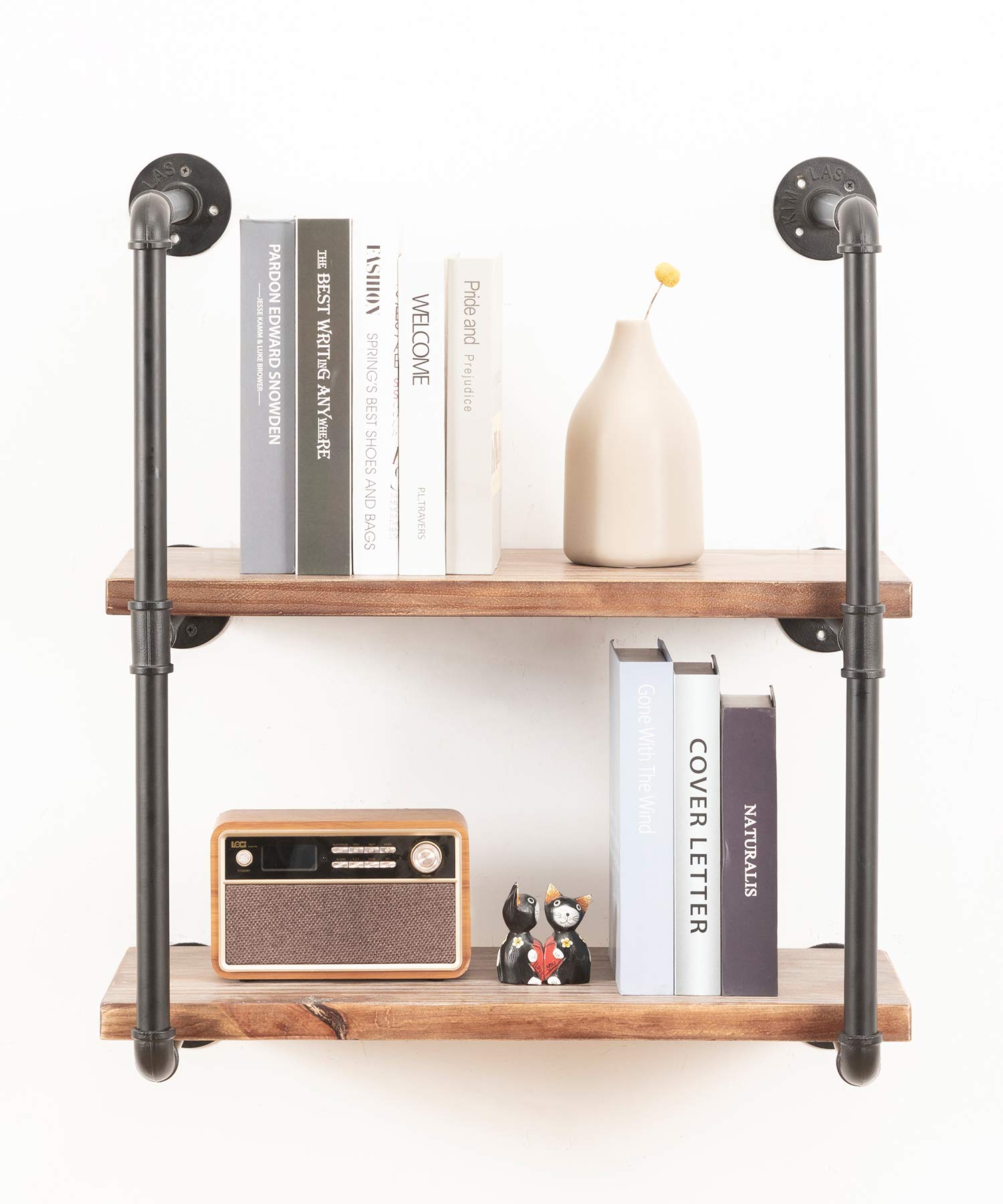 Industrial Wall Mounted Pipe Shelving - Rustic Metal Floating Shelves with Real Wood - Steampunk DIY Bookshelf for Farmhouse, Kitchen, Bar, Office & Home Storage (3-Tier with 2 Boards, 24 Inch) - Perfect for Organizing Books, Decor & Kitchen Essentials