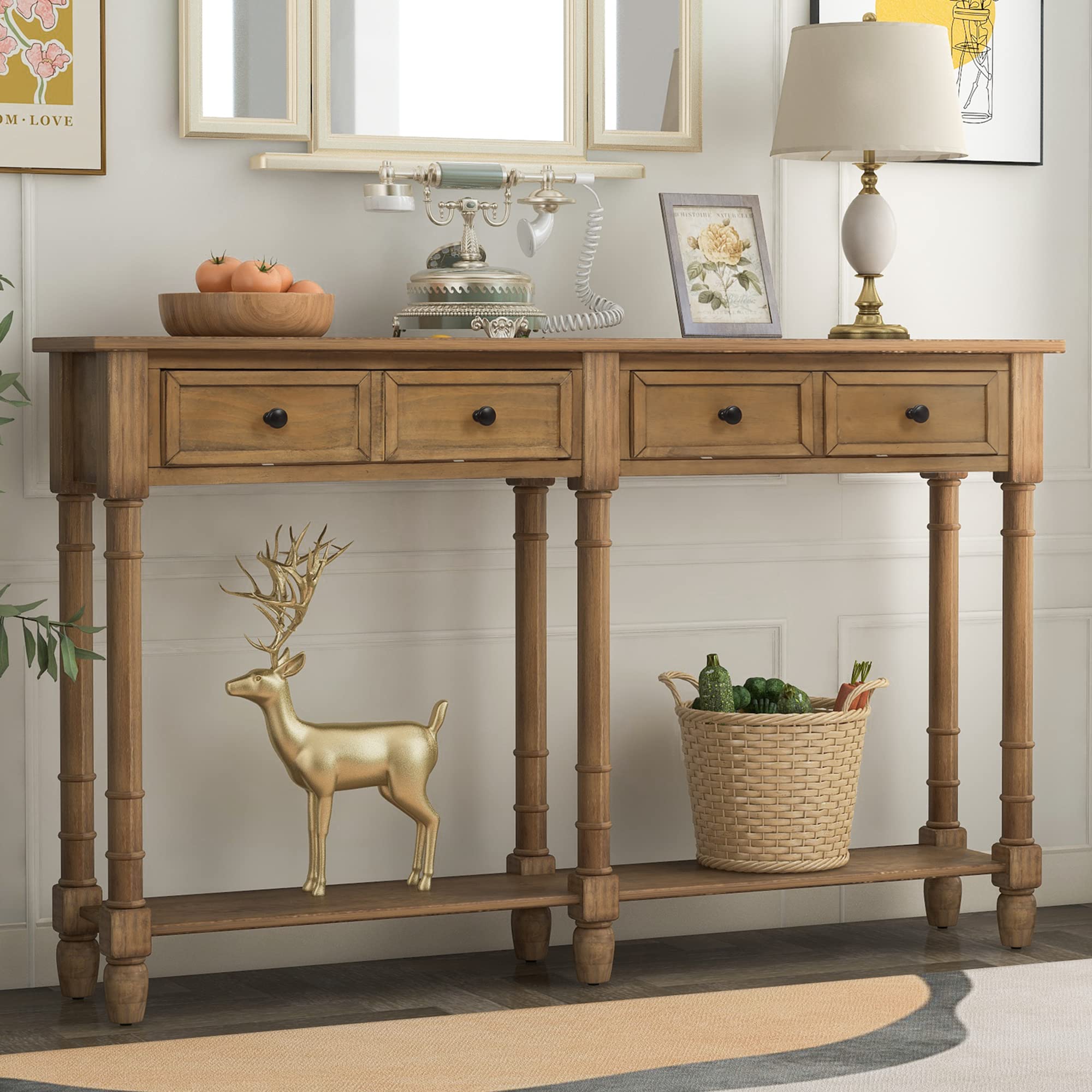 Vintage Merax Retro Console Table with 2 Drawers & Shelf - Sofa Table for Entryway, Living Room, Hallway - Solid Wood Old Pine Finish - Perfect for Home Decor, Small Space Storage & Display Area