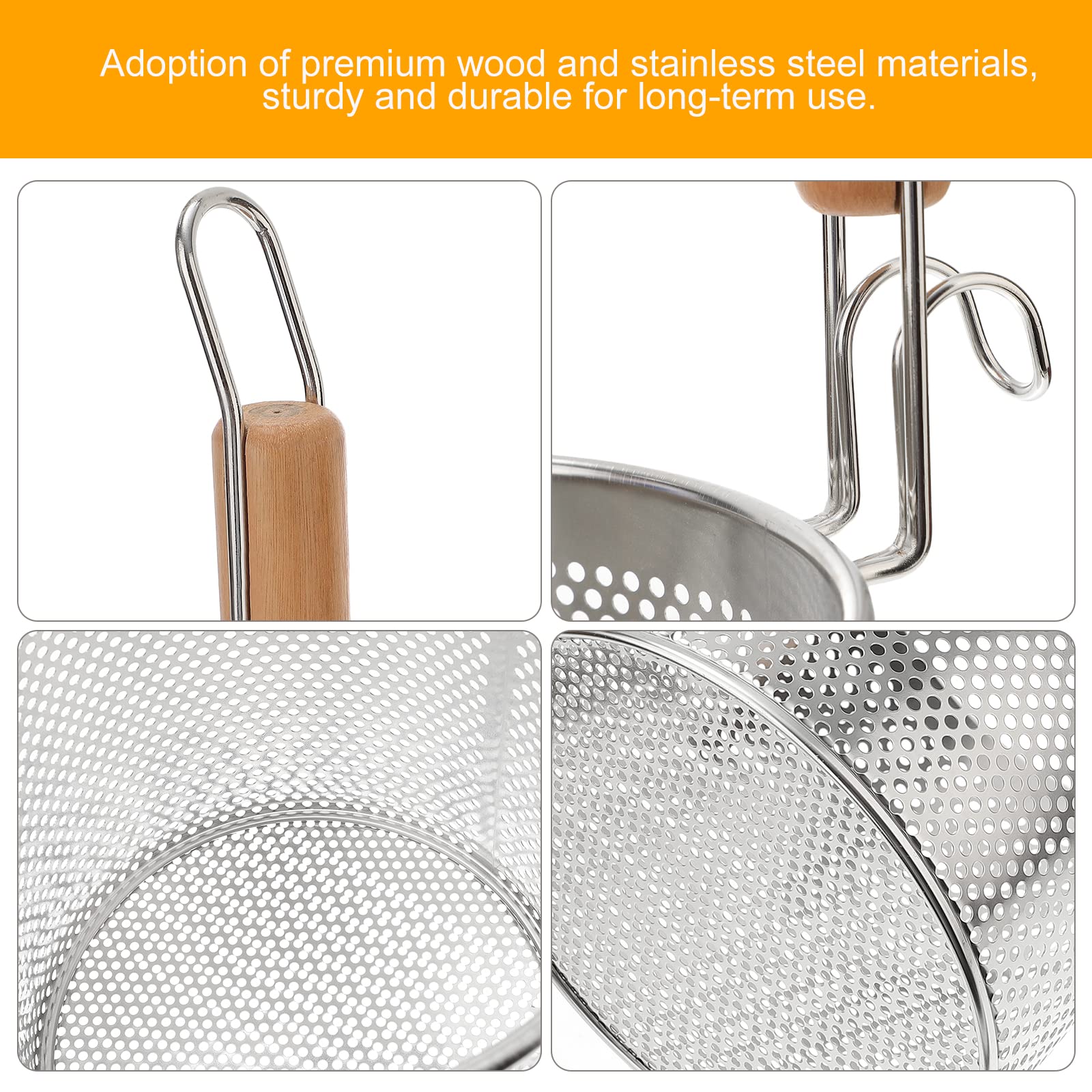 Zerodeko 18cm Stainless Steel Mesh Pasta Basket with Wooden Handle - Noodle Colander, Spider Strainer for Dumplings & Pasta | Perfect for Draining, Cooking & Serving Italian, Asian Dishes
