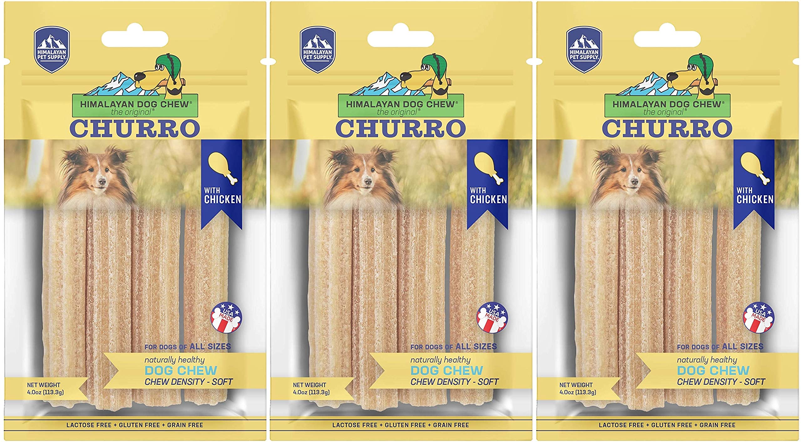 3 Pack Chicken Yaky Churros Soft Chews for Dogs - Grain Free, Lactose Free Dog Treats (4oz Each) - Perfect for Training Rewards & Dental Health