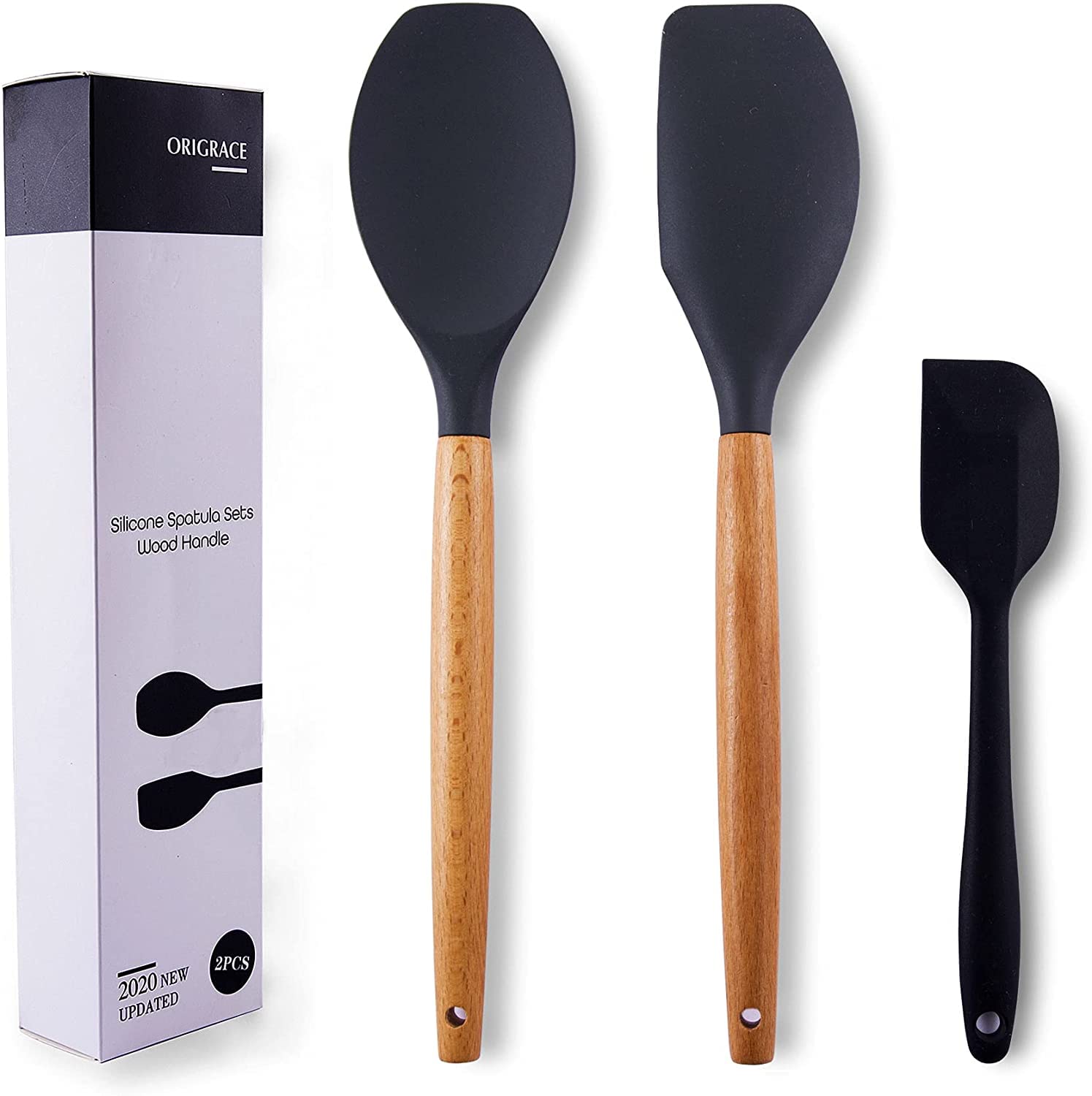 Heat Resistant Silicone Spatula Set with Wooden Handle - Nonstick Kitchen Utensils for Baking, Cooking & Mixing - Gray Rubber Scrapers Perfect for Non-Stick Cookware, Cake Decorating & Food Prep