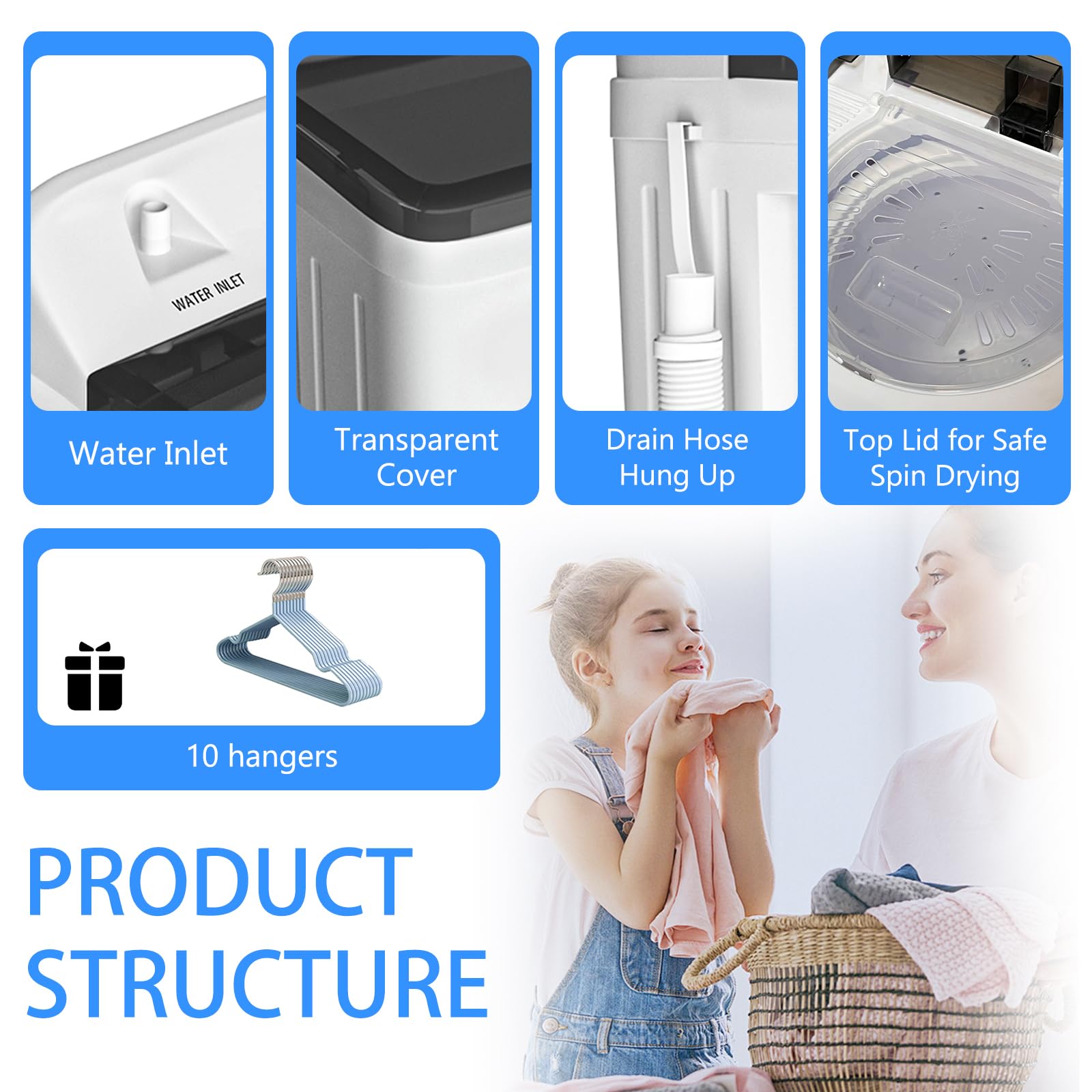 Portable Mini Twin Tub 22Lbs Washing Machine with Drying Rack - 13Lbs Washer & 9Lbs Spinner - Compact Laundry Solution for Apartments, Dorms, RVs & Camping - Energy Efficient Black Washing Machine for Small Spaces