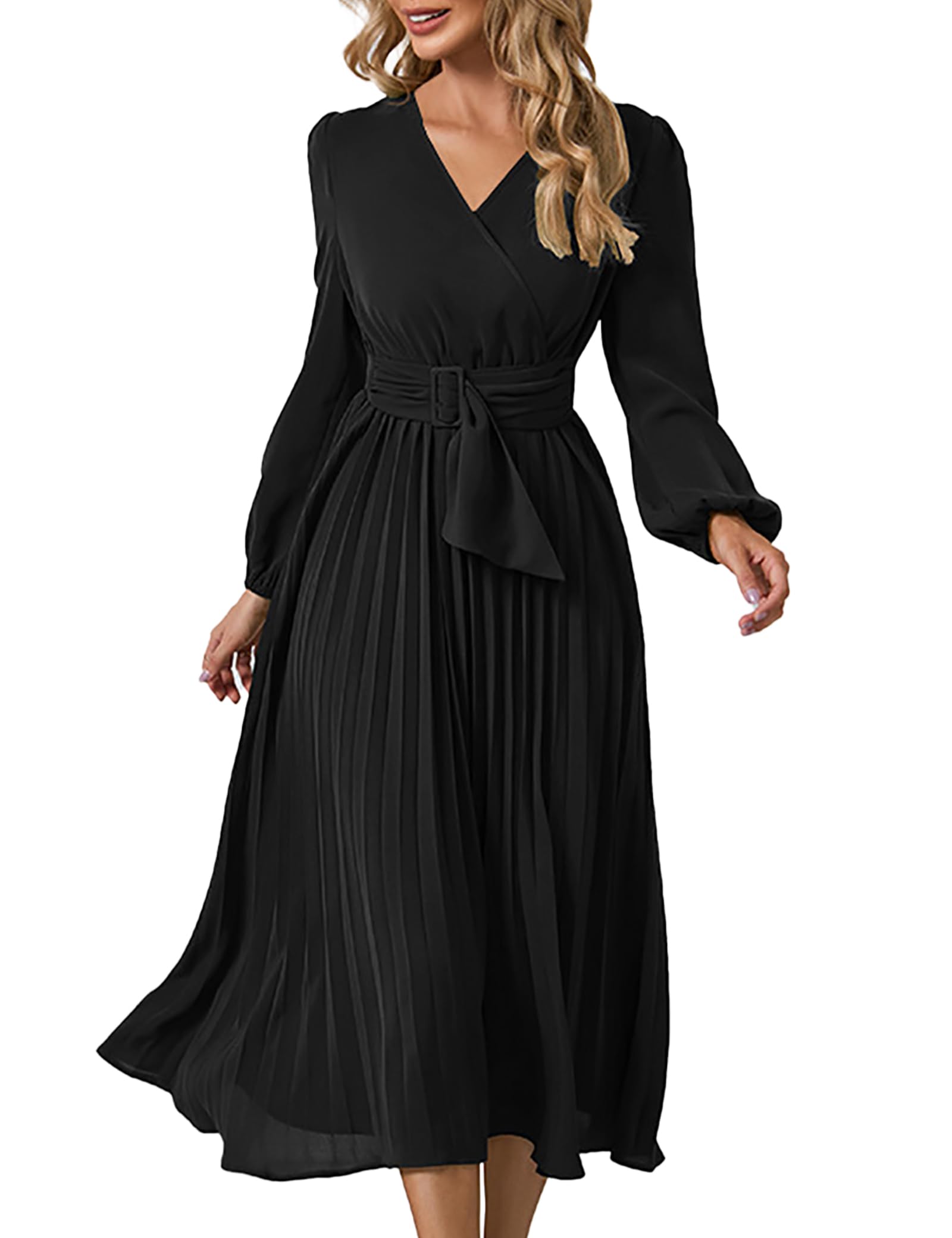 SDEER Women's Casual Midi Dress - V Neck Long Sleeve Pleated High Waist Flowy Dress for Wedding Guest, Party, Office & Everyday Wear