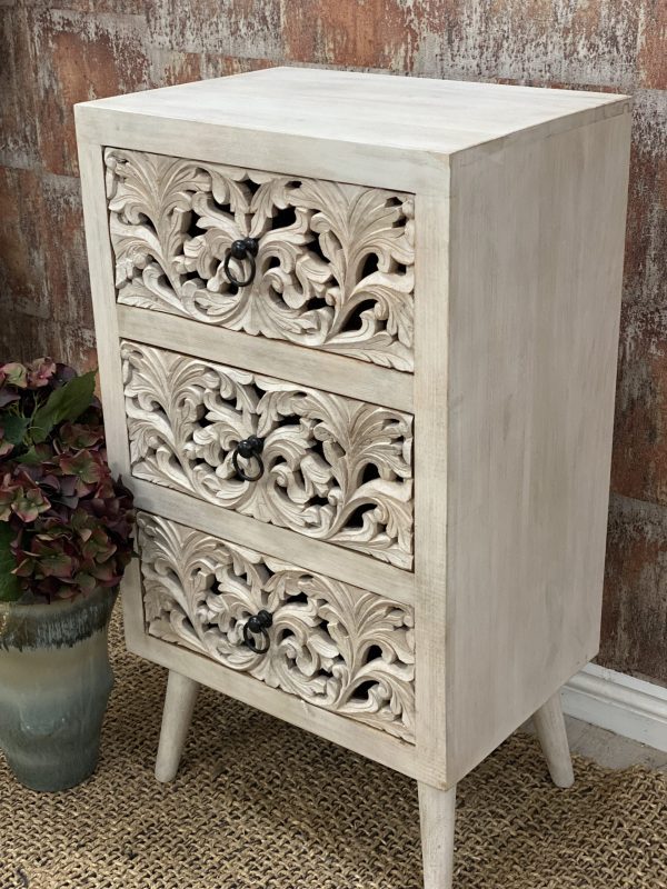 Hand Carved White Night Stand | Handmade Wooden Bedside Table for Bedroom - Perfect for Small Spaces & Modern Home Decor