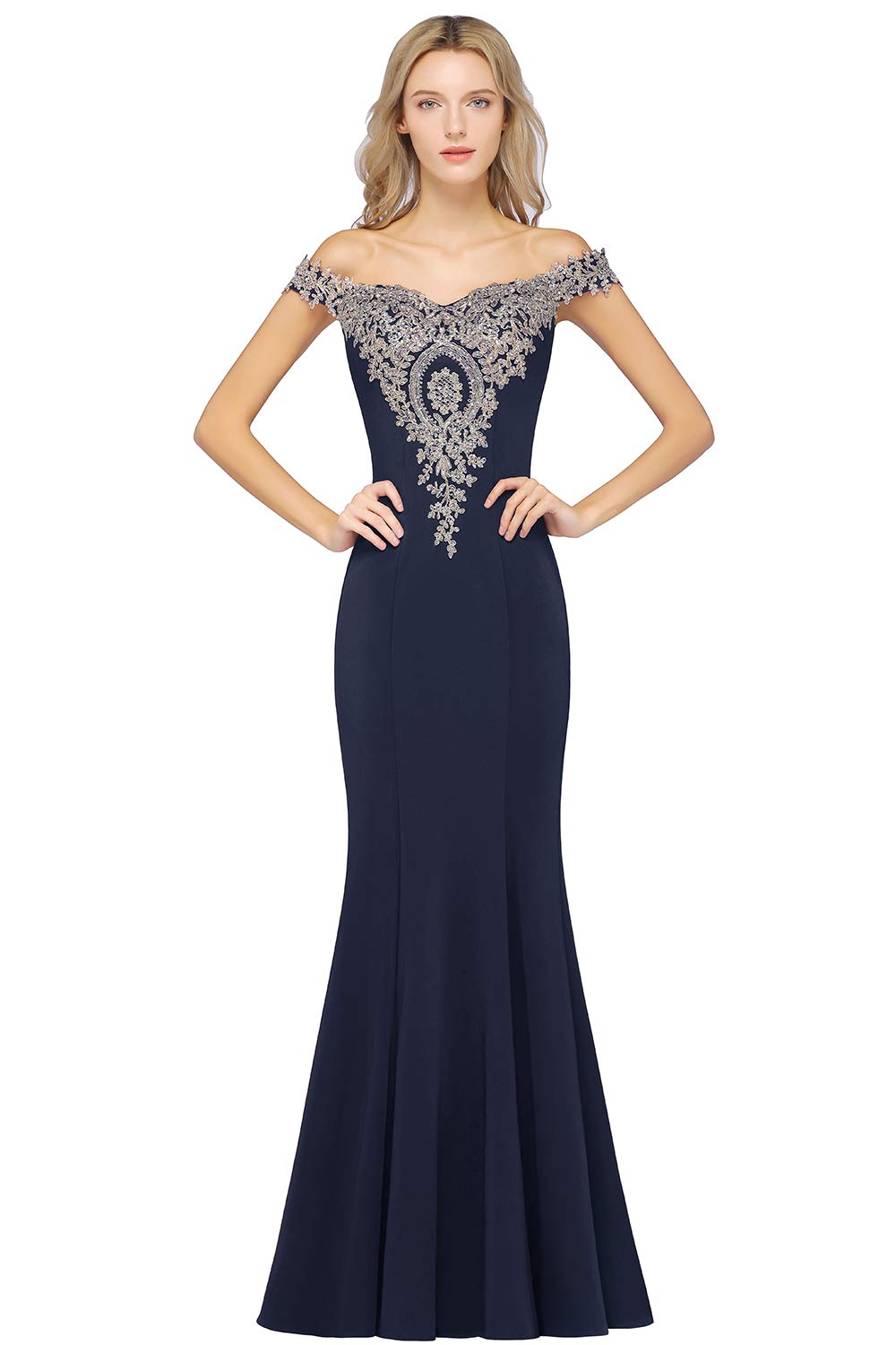Elegant Long Gold Lace Applique Mermaid Prom Dress - Off Shoulder Formal Evening Gown for Women | Perfect for Homecoming, Wedding Guest, Cocktail Party & Special Occasions