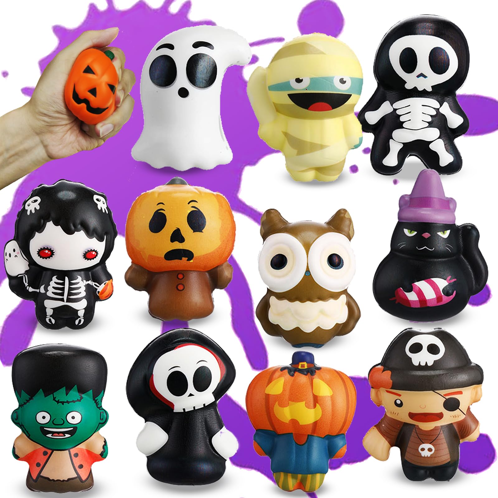 Liliful 12-Piece Halloween Squeeze Party Favors Set - Slow Rising Stress Relief Toys (Pumpkin, Ghost, Vampire, Bat, Mummy) - Fun Foam Squishy Toys for Kids, Boys & Girls - Perfect for Halloween Parties, Classroom Prizes & Anxiety Relief