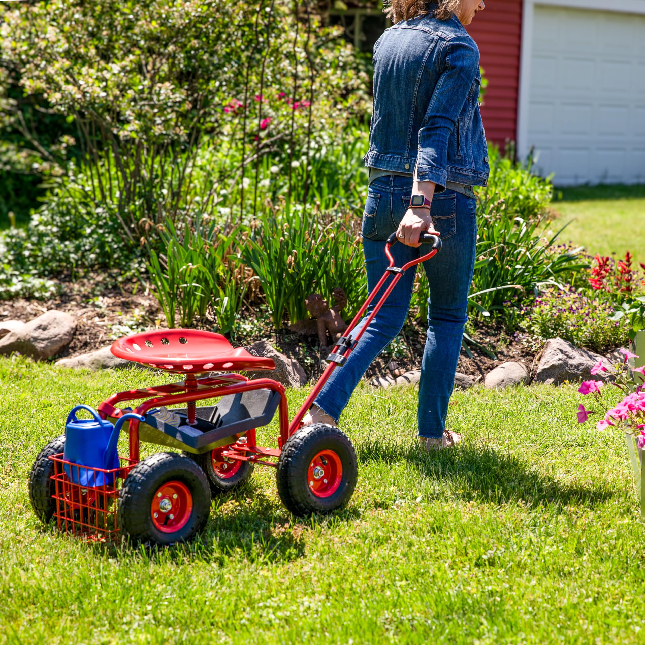 Sunnydaze Heavy Duty Garden Cart with Extendable Handle & Swivel Seat - Utility Rolling Scooter with Storage Basket - Outdoor Yard Work, Gardening & Home Improvement - Red
