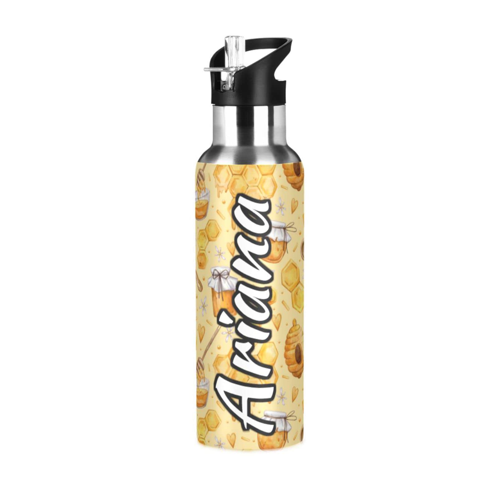 Custom Personalized 20oz Honey Bee Insulated Water Bottle with Straw Lid - Leakproof Stainless Steel Sports Bottle for Hiking, Gym, Outdoor Activities & Daily Use