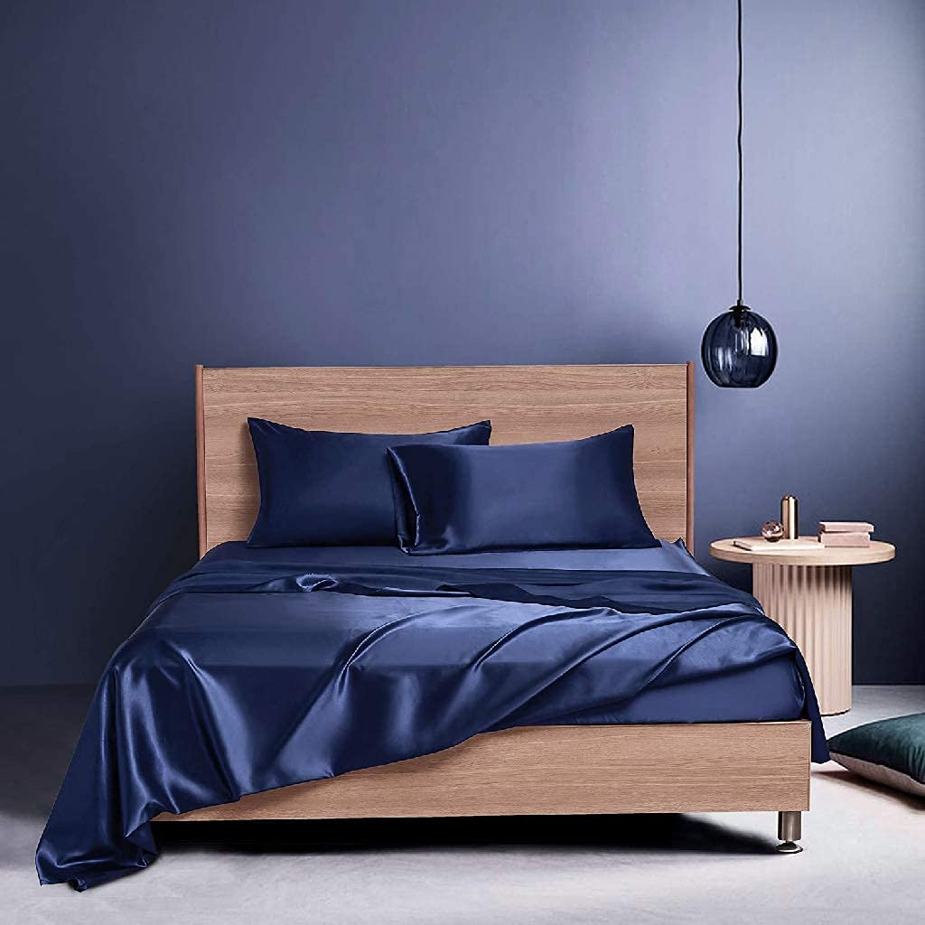 Premium 7-Piece Satin Twin Comforter Set - 600 GSM Navy Blue Duvet Insert with Sheets (Comforter + Flat Sheet + Fitted Sheet + 4 Pillowcases) - Soft & Breathable Bedding for Kids, Teens & Guest Rooms