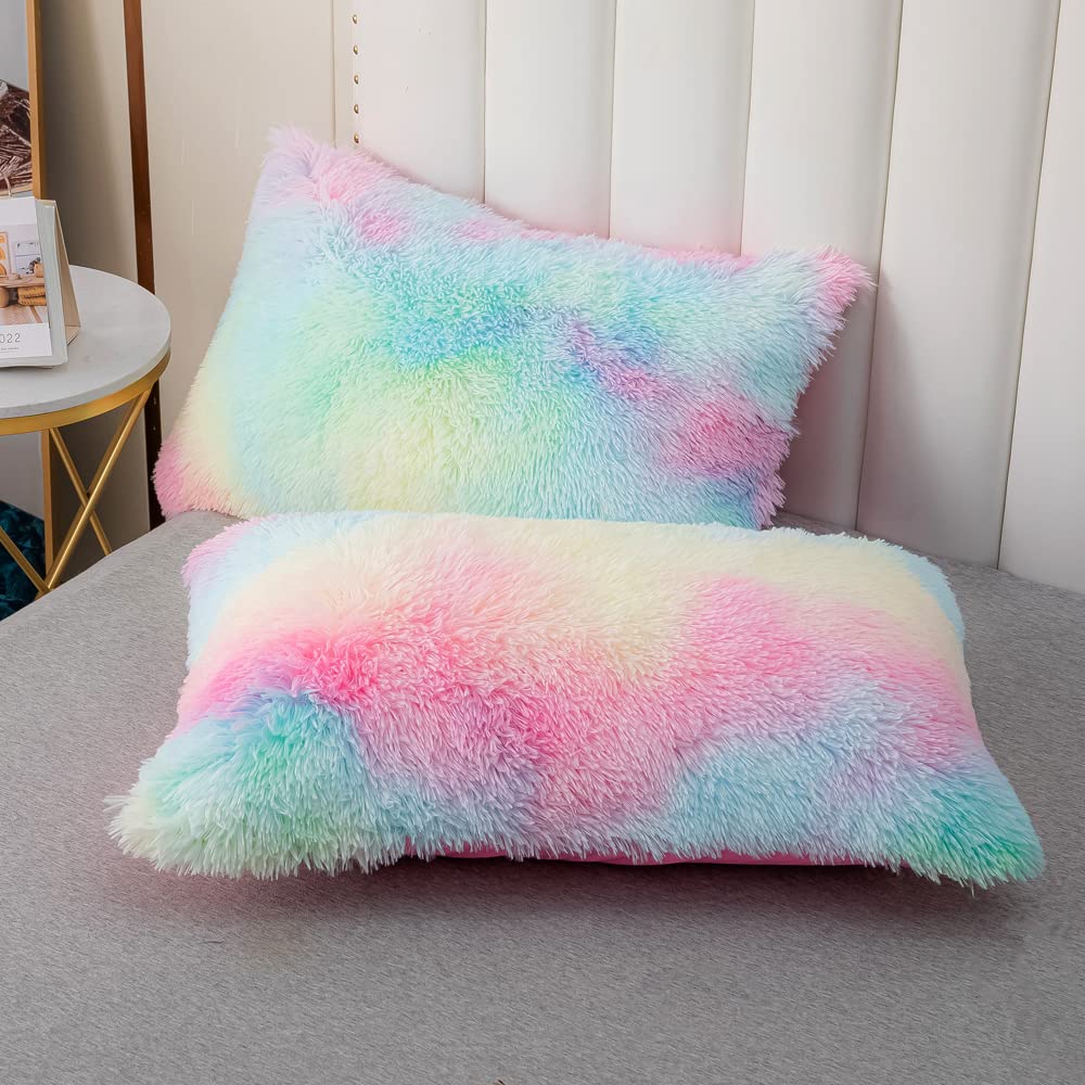 Luxury Faux Fur Comforter Set Full/Queen Size - Ultra Soft Rainbow Pink Fluffy Fuzzy Microfiber Bedding with 2 Pillowcases | Cozy Winter Bedding for Girls Room, Dorm & Home Decor