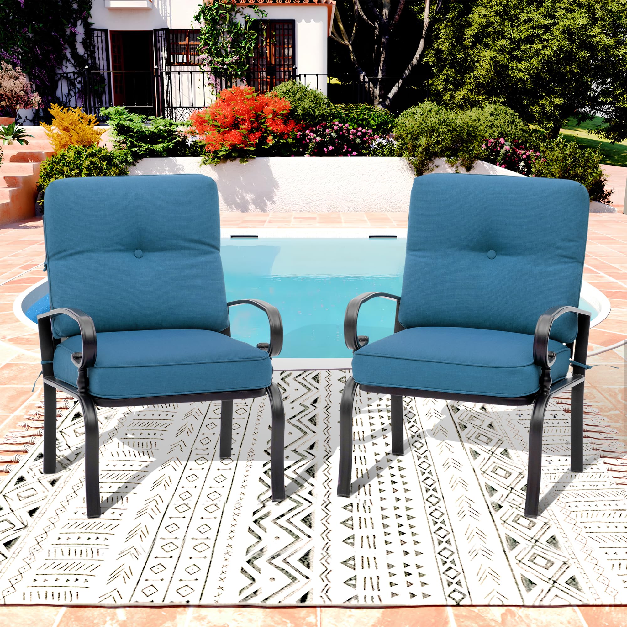 2-Piece Patio Dining Chairs Bistro Set - Wrought Iron Outdoor Furniture with Blue Cushions - All-Weather Garden Seating for Backyard, Deck, and Balcony