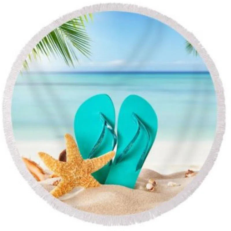 Flip Flops On The Beach Round Beach Towel - Soft & Absorbent Sand-Free Towel for Pool, Beach, Vacation, Yoga & Outdoor Activities
