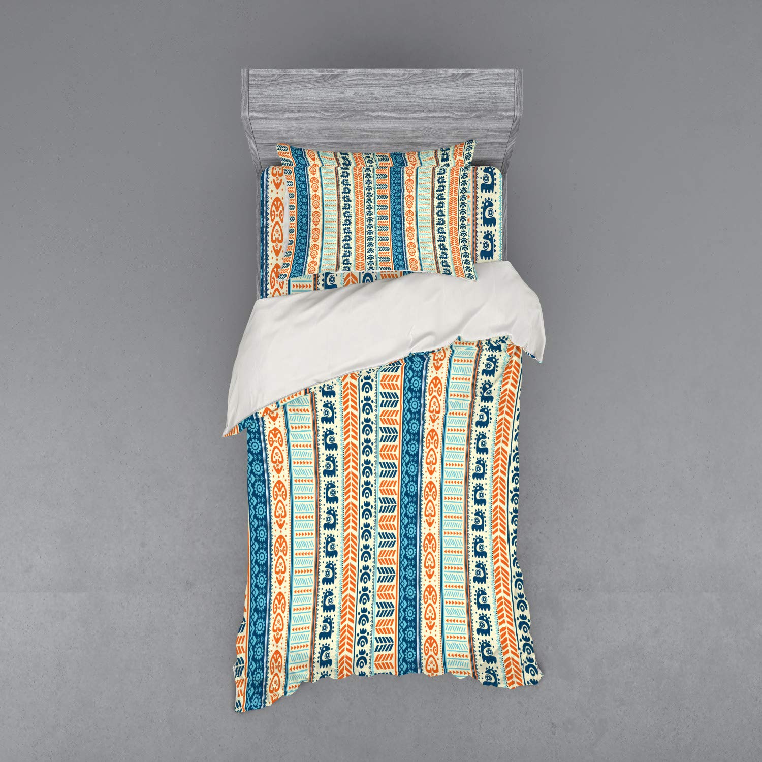 Ambesonne Vintage Folk Artisan Duvet Cover Set - 3 Piece Bedding with Sham & Fitted Sheet, Twin Size, Merigold Blue - Perfect for Bohemian Bedroom Decor & Guest Room Styling