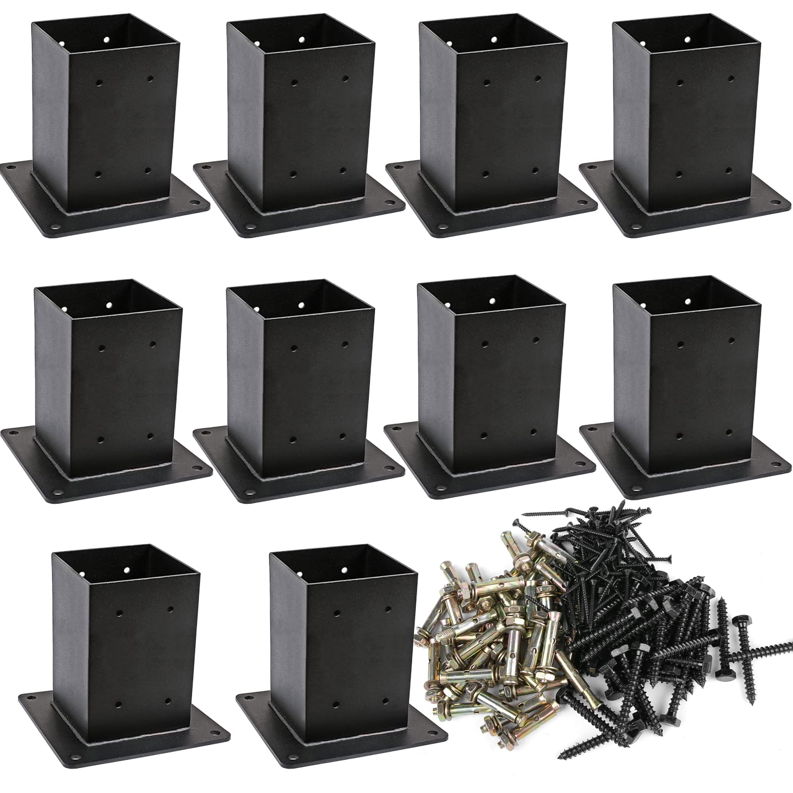 10PCS Heavy Duty 4x4 Post Base Brackets - Powder-Coated Steel Fence Post Anchors (3.6x3.6 Inch Inner Size) with Screws for Deck, Porch, Railing, Pergola & Mailbox Support - Outdoor Wood Fence & Structure Mounting Kit