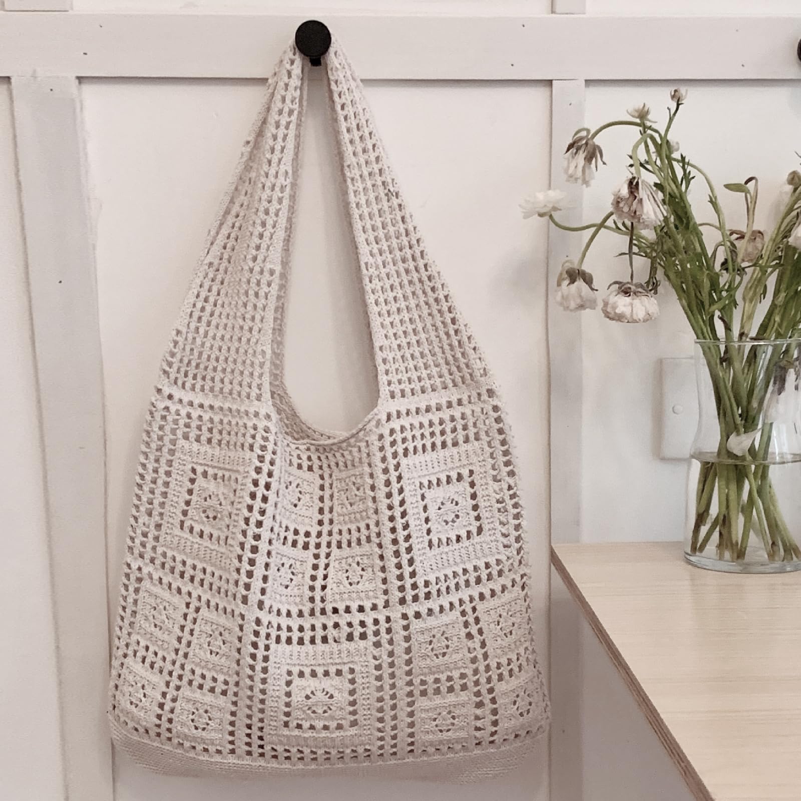 WITERY Crochet Tote Bag - Handmade Knitted Mesh Beach Purse for Women, Summer Fashion Shoulder Bag - Perfect for Beach Outings, Picnics and Shopping