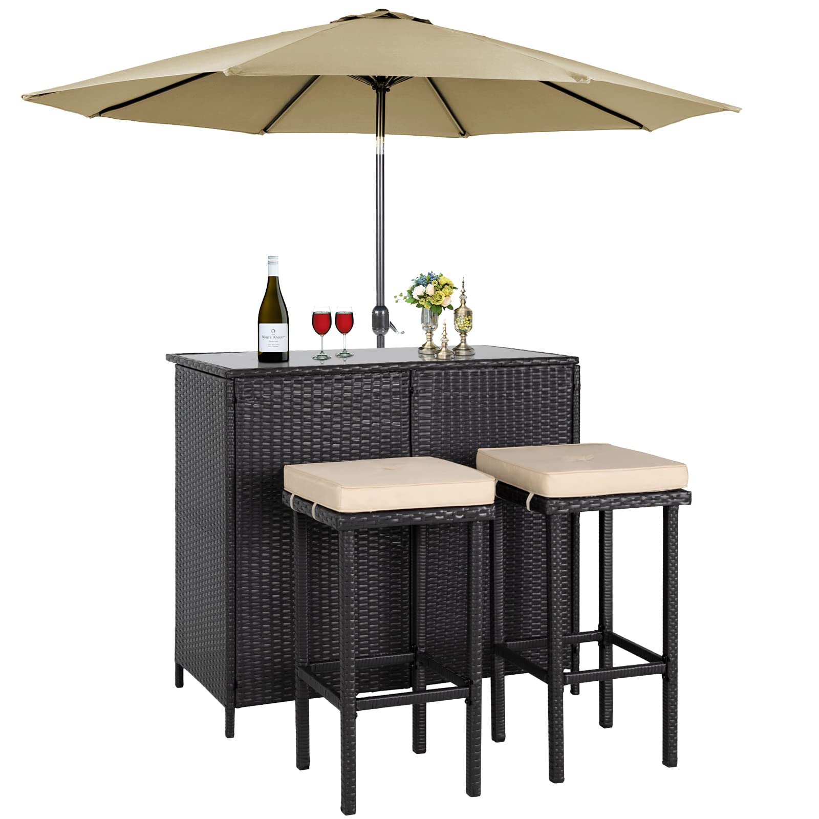 3-Piece Rattan Outdoor Bar Set with 2 Bar Stools & Glass Top Table - Large Storage Space, Brown Wicker Patio Furniture with 9FT Khaki Round Umbrella - Perfect for Backyard, Poolside & Garden Entertaining