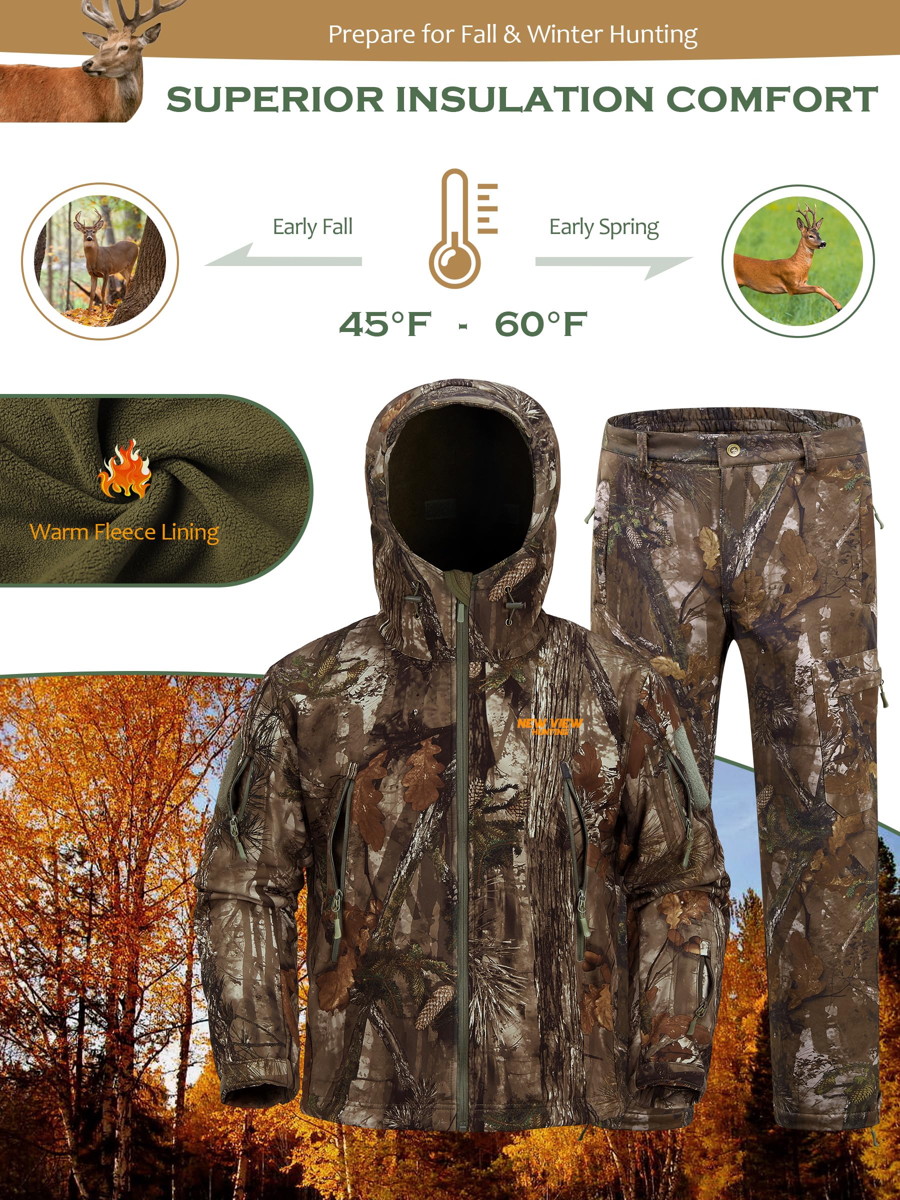 NEW VIEW Camo Hunting Clothes Set for Men - Quiet Warm Water Resistant Jacket & Pants Suit for Deer Duck Bow Hunting | Ideal for Cold Weather Outdoor Adventures