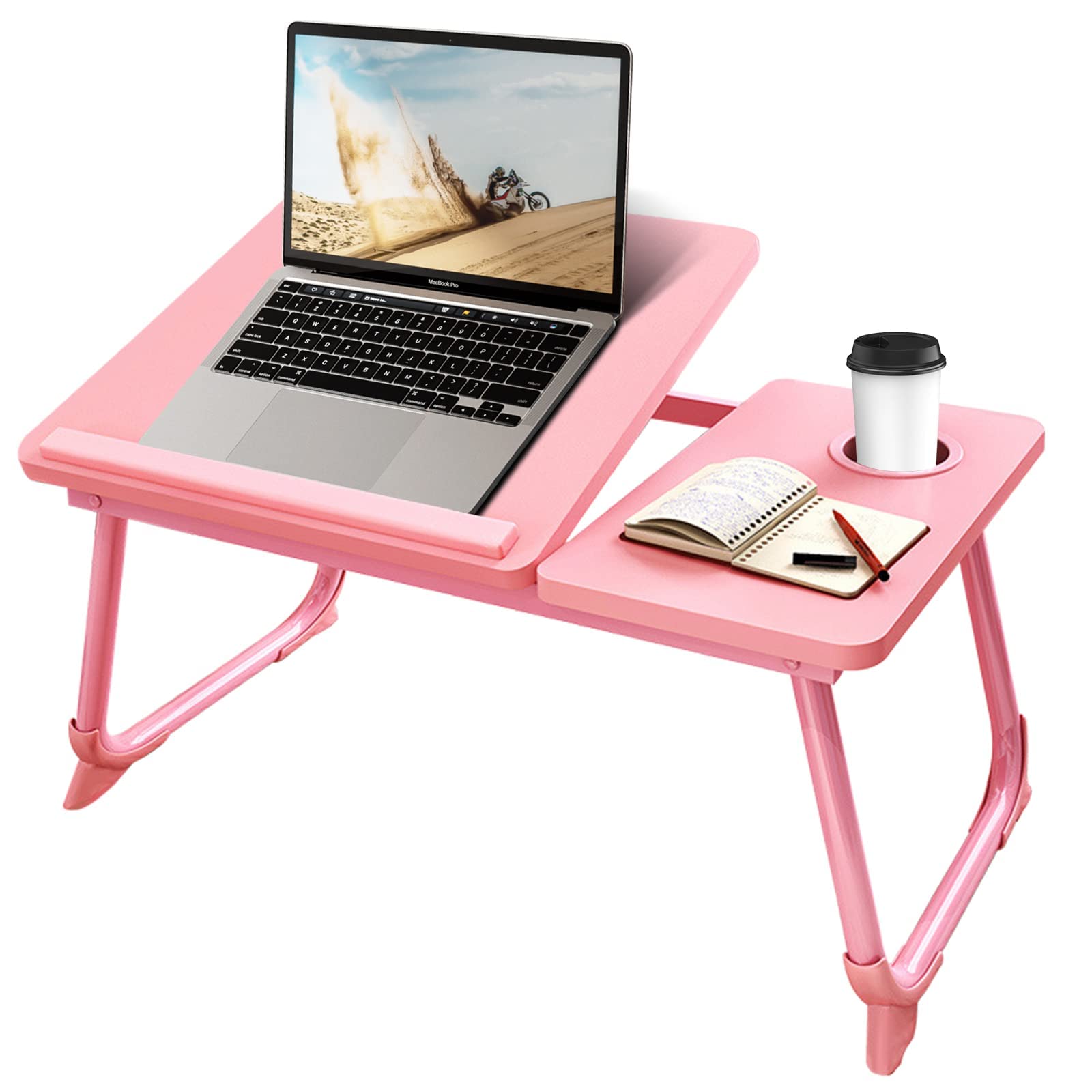 Pink Folding Laptop Desk for Bed & Couch - Adjustable Lap Desk with Cup Holder for Home Office, Breakfast Tray, Watching Movies - Portable Workstation for Comfortable Computing in Bed or Sofa