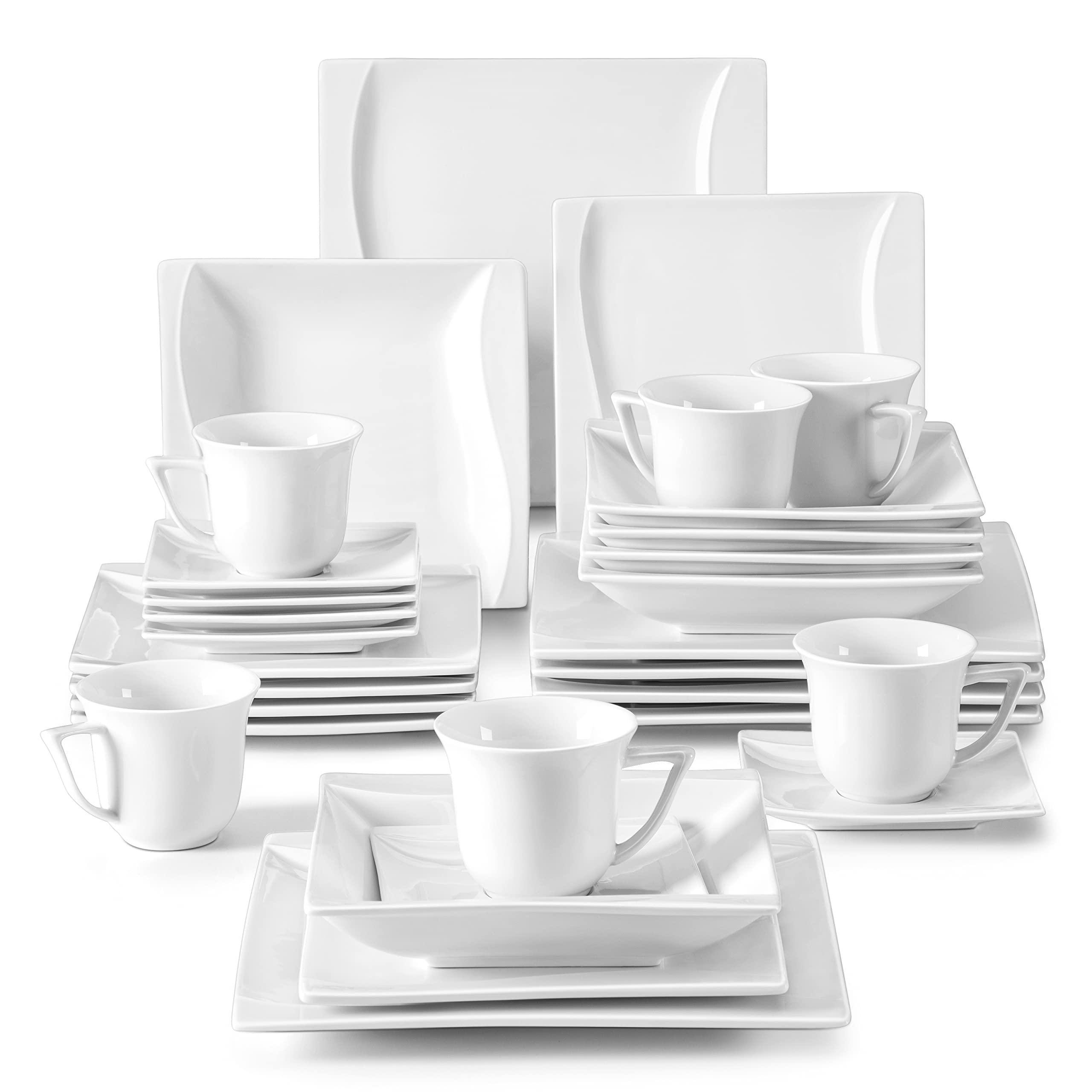 MALACASA 30-Piece Ivory White Porcelain Square Dinnerware Set - Plates, Bowls, Mugs & Saucers for 6 People - Elegant Tableware for Salad, Pasta, Dessert - Perfect for Family Dinners, Parties & Restaurant Use - Series Carina