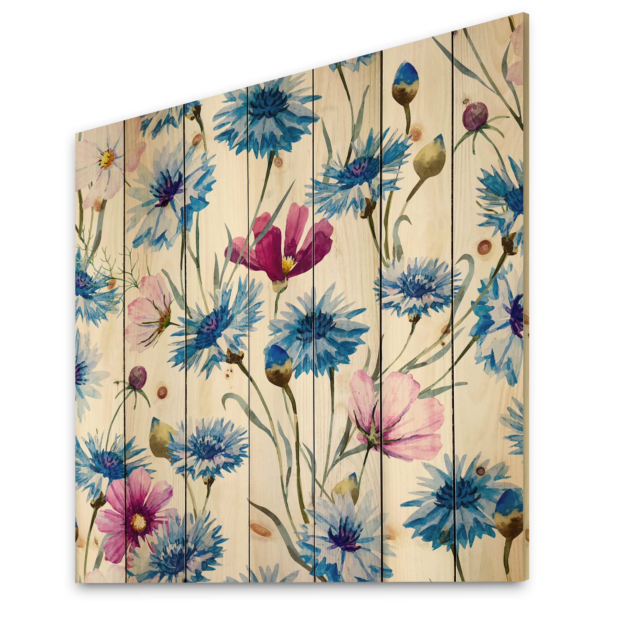 DesignQ Blue and Pink Wild Cornflowers Traditional Wood Wall Decor - Large Floral Wood Wall Art Panels Printed on Natural Pine - Perfect for Living Room, Bedroom, or Office Decoration