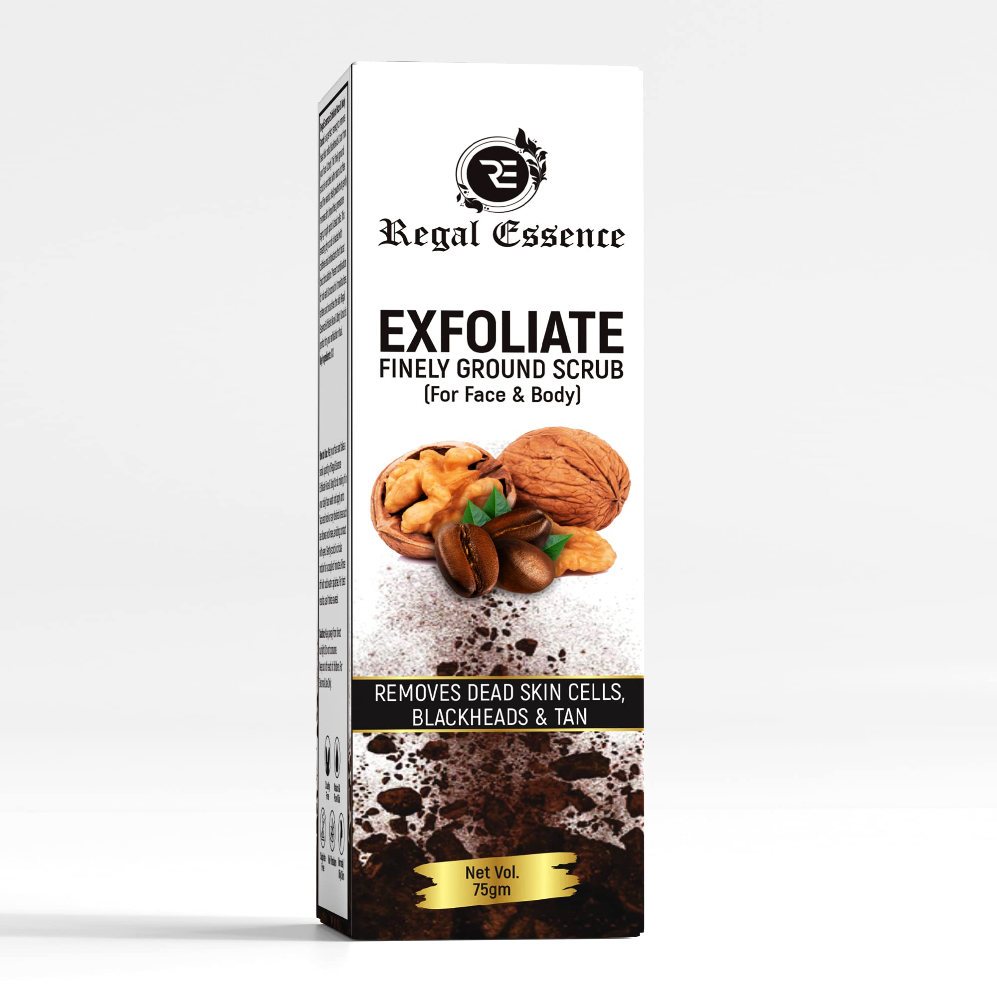REGAL ESSENCE Exfoliating Coffee Scrub for Face & Body - Natural Walnut & Coffee Polish for Glowing Skin | Dry Scrub for Detan, Blackheads & Dead Skin Removal | Vegan & Cruelty-Free Body Exfoliator for Men & Women | Perfect for Spa Day, Pre-Shave Prep & Post-Workout Skincare (75g)