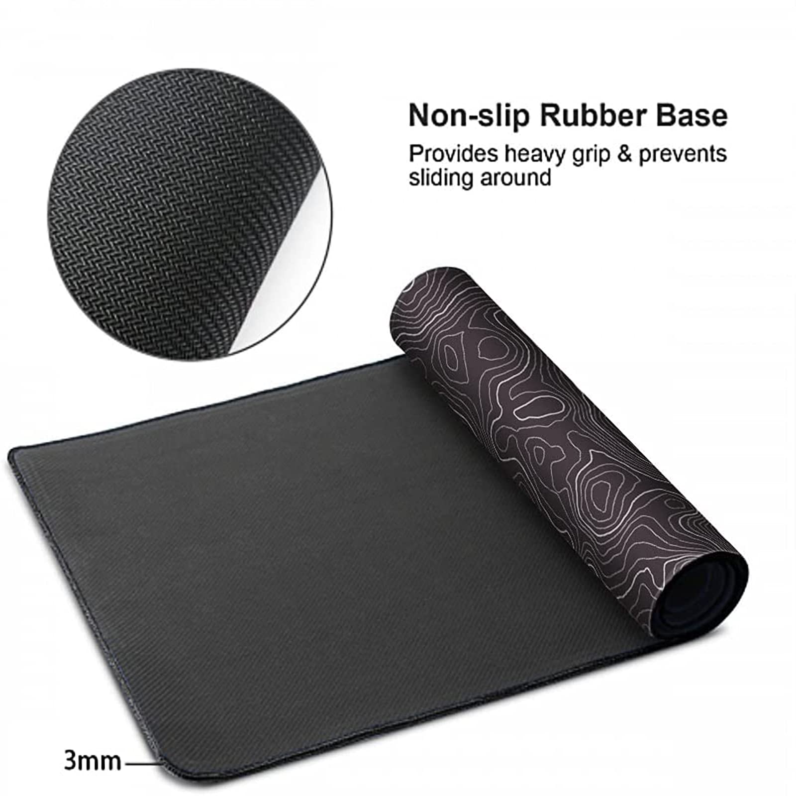 AQQA Black and White Topographic Line Mouse Pad - 31.5 x 11.8 Inch XL Gaming Desk Mat with Non-Slip Rubber Base - Professional Large Mouse Pad for Office, Laptop, PC Gaming - Perfect for Work, Gaming & Home Office Setup