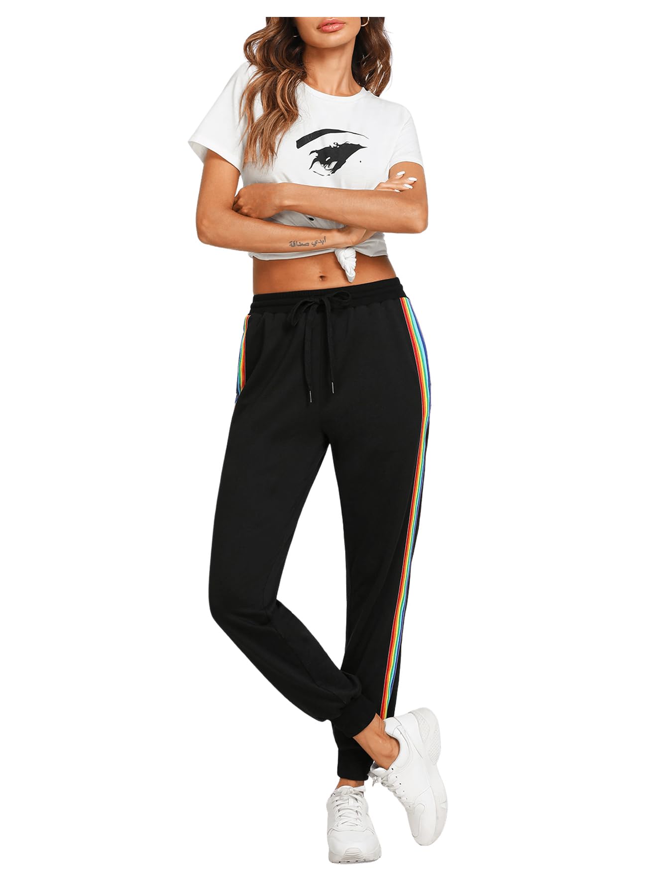 SweatyRocks Women's Casual Striped Jogger Sweatpants with Drawstring Waist & Pockets - Comfortable Lounge Pants for Yoga, Running, and Everyday Wear
