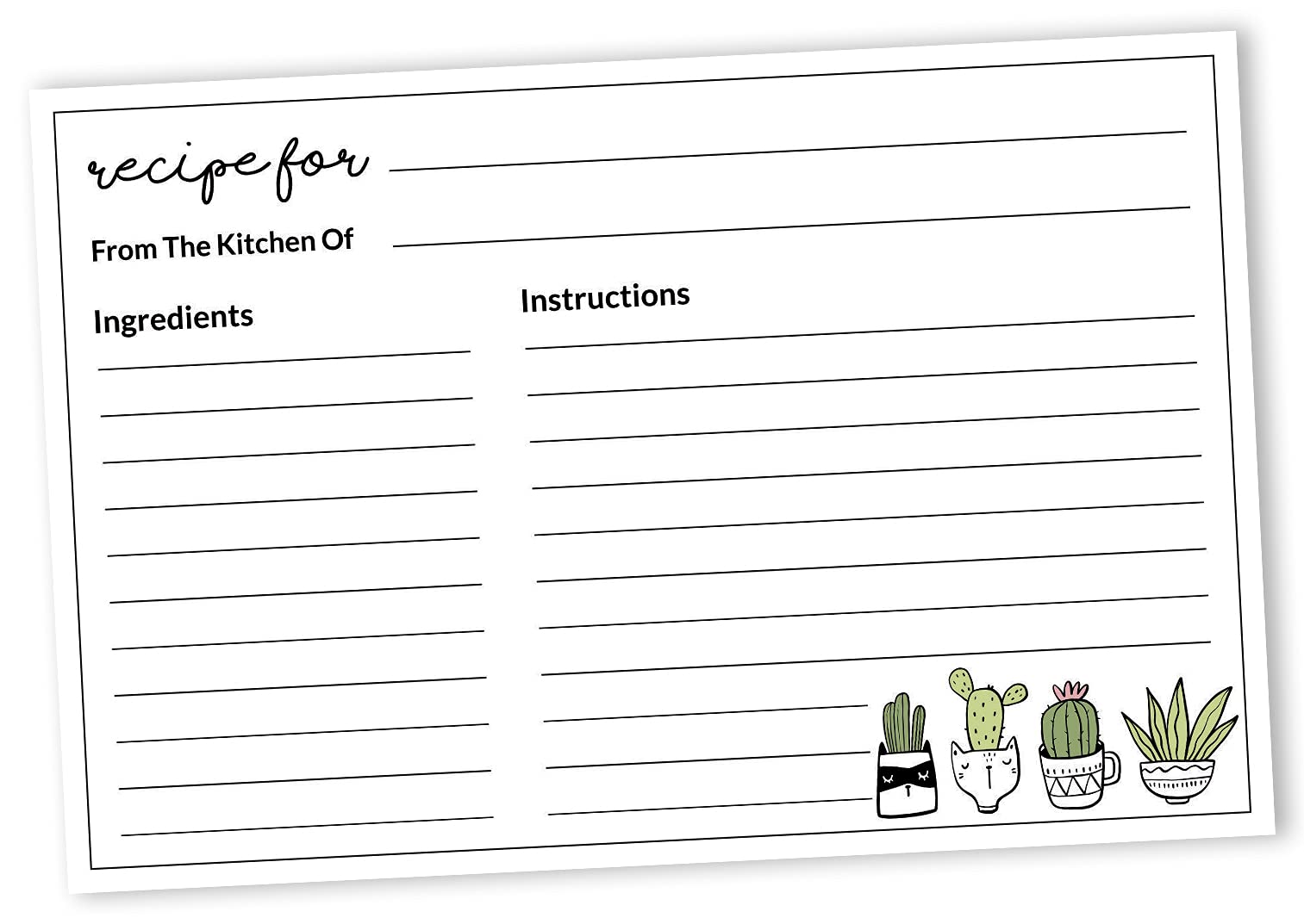 6x4 Inch Single-Sided White Cactus Recipe Cards - Pack of 50 for Wedding, Bridal Shower & Baby Shower - Perfect for DIY Recipe Books, Kitchen Organization & Party Favors