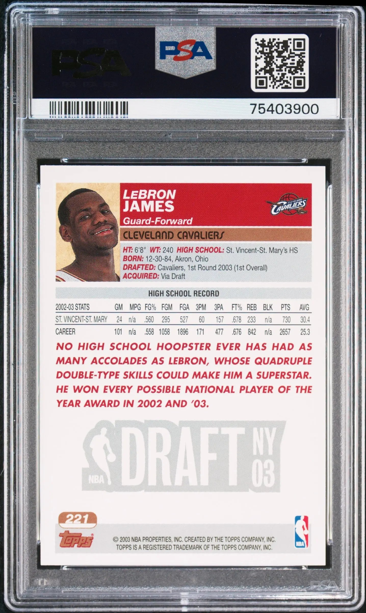 2003 Topps LeBron James Rookie Card #221 PSA 9 Mint Condition - NBA Basketball Collectible for Sports Memorabilia Fans & Investment