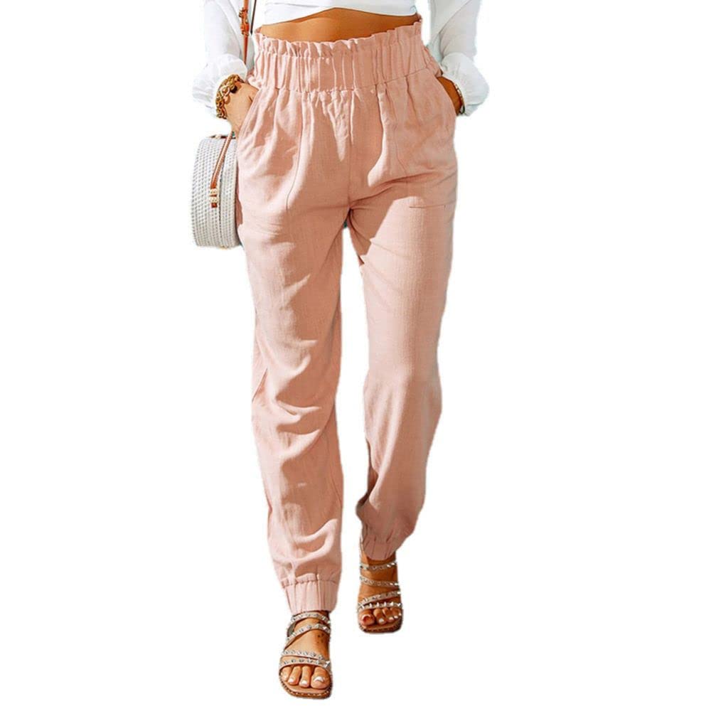 Women's Summer Casual Comfortable Paper Bag Waist Elastic High Waist Stretchy Pants - Perfect for Beach, Travel, Yoga & Lounge Wear