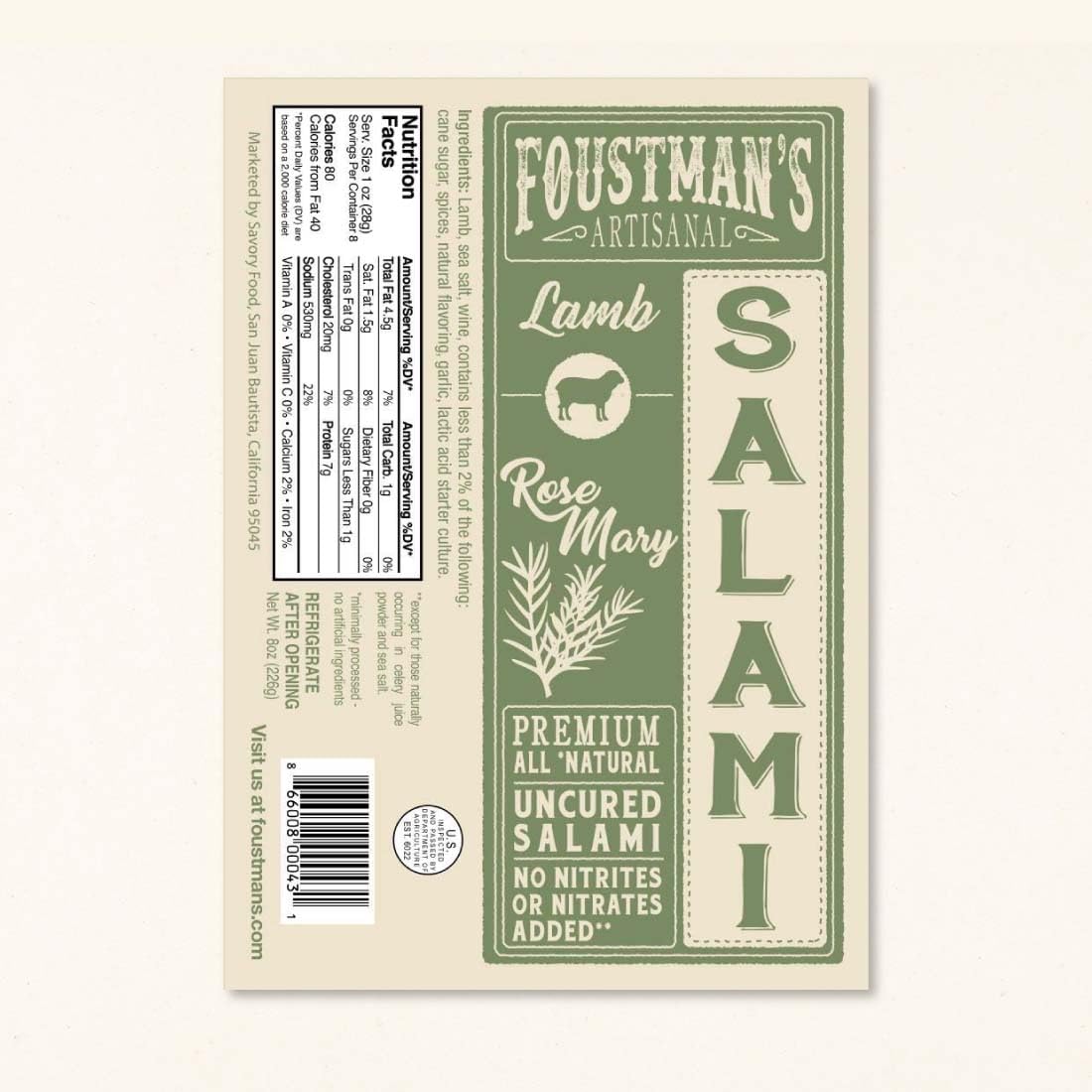 Foustman's Artisanal Rosemary Lamb Salami - Nitrate-Free, Naturally Cured, Gluten-Free & Dairy-Free (8oz Sticks) | Perfect for Charcuterie Boards, Picnics & Keto Snacking
