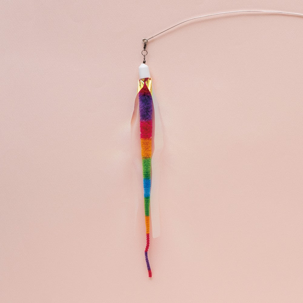 Long Stick Rainbow Snake Cat Teaser Toy - Interactive Wand Toy for Cats with Feathers & Bells - Perfect for Indoor Play & Exercise