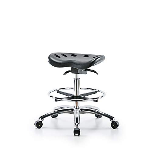 Polyurethane ESD Tractor Sit-Stand Medium Bench Height Stool with Chrome Base - No Foot Ring, ESD Glides, Black (ESD-PTMBSO-CR-NF-EG-BLK) | Perfect for Electronics Labs, Cleanrooms & Static-Sensitive Work Environments