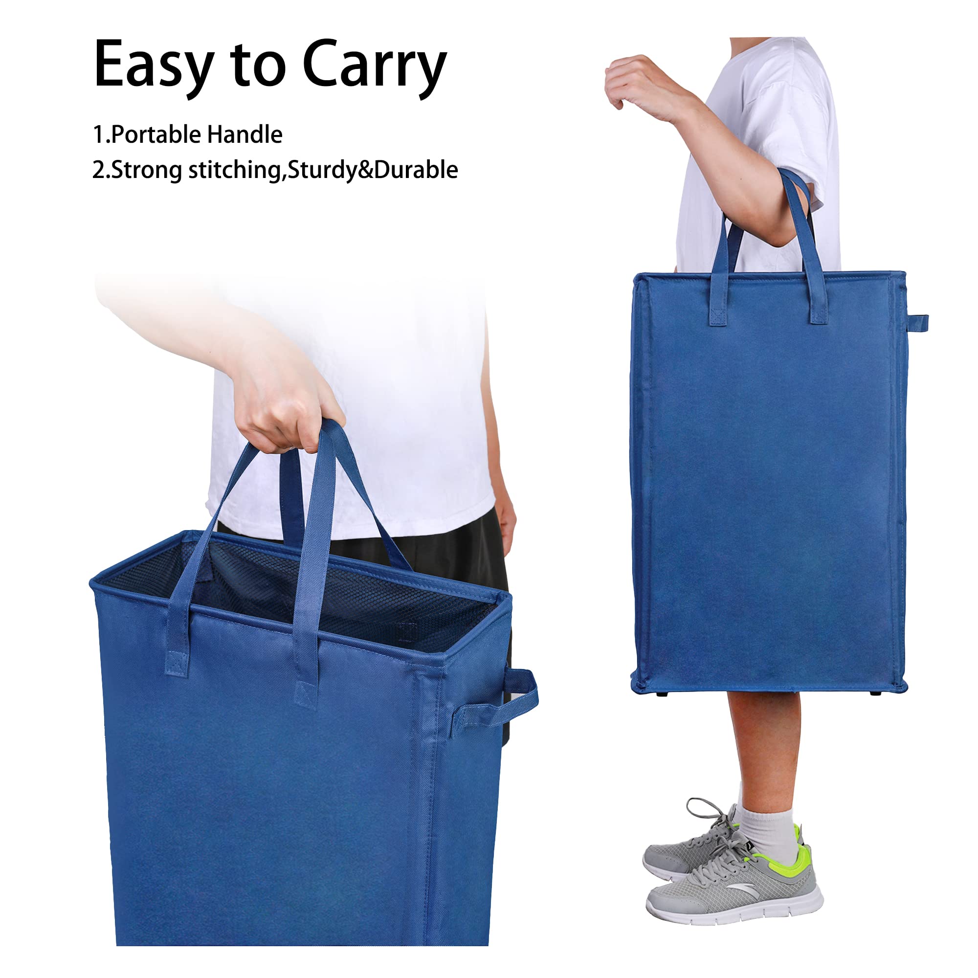 Odonata Slim Collapsible Laundry Hamper with Handles - 45L Foldable Dirty Clothes Basket, Narrow Space-Saving Laundry Bag for Small Spaces (Navy Blue) - Perfect for Apartments, Dorms, and Tight Spaces