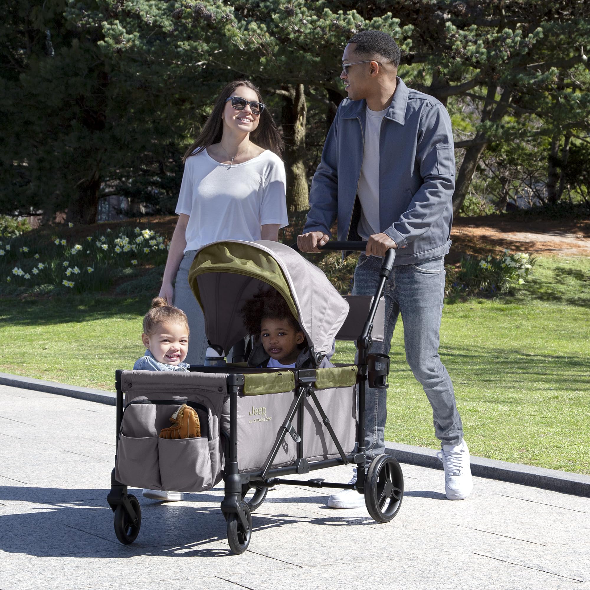 Delta Children Jeep Sport All-Terrain Stroller Wagon with Canopy, Parent Organizer & Adjustable Handlebar - Grey/Olive Green | Perfect for Outdoor Adventures, Beach Trips & Family Outings