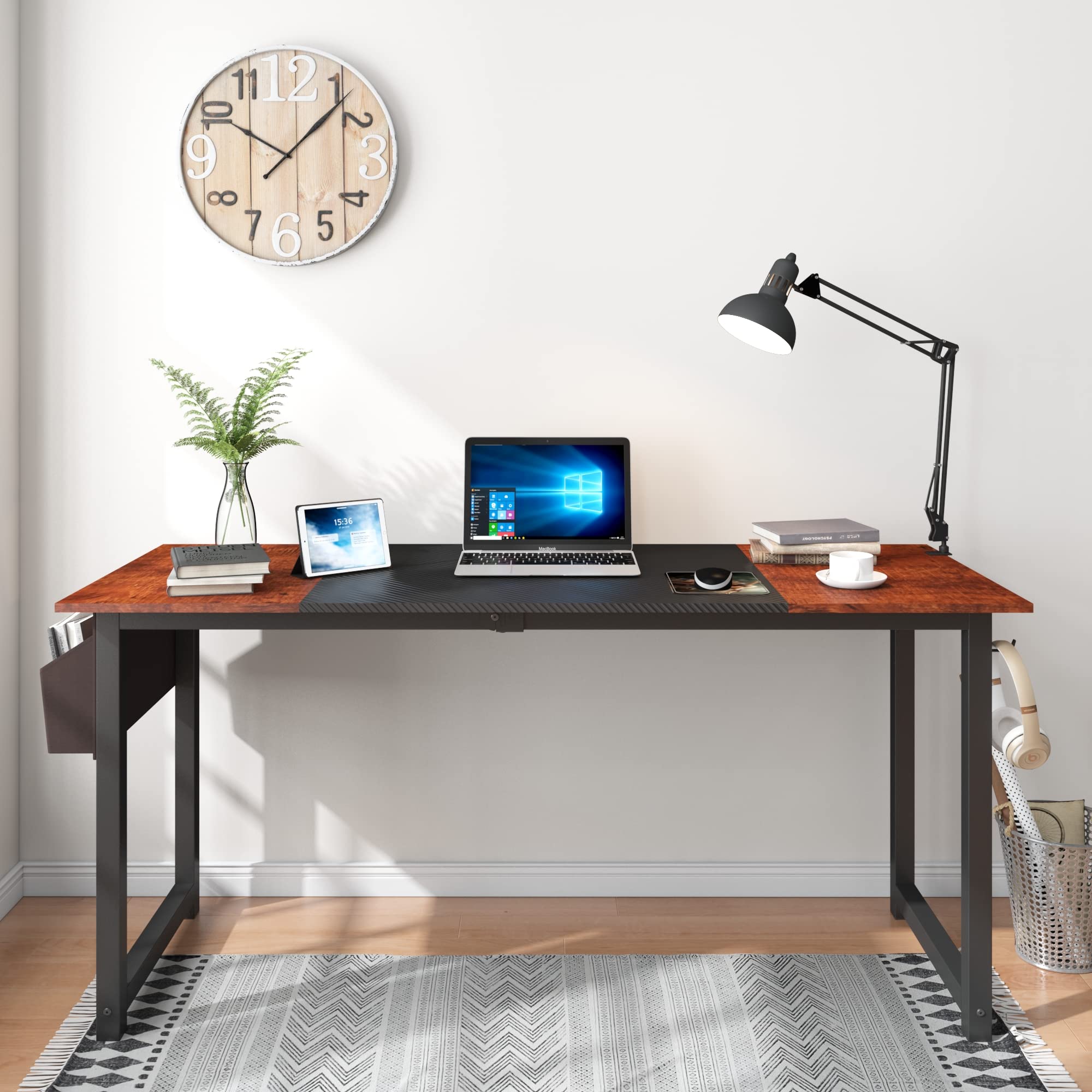 Decoholic 63 Inch Modern Industrial L-Shaped Computer Desk with Storage Bag & Hook - Black & Sandalwood Two-Tone Home Office Desk for Workstation Setup, Gaming, Study & Remote Work