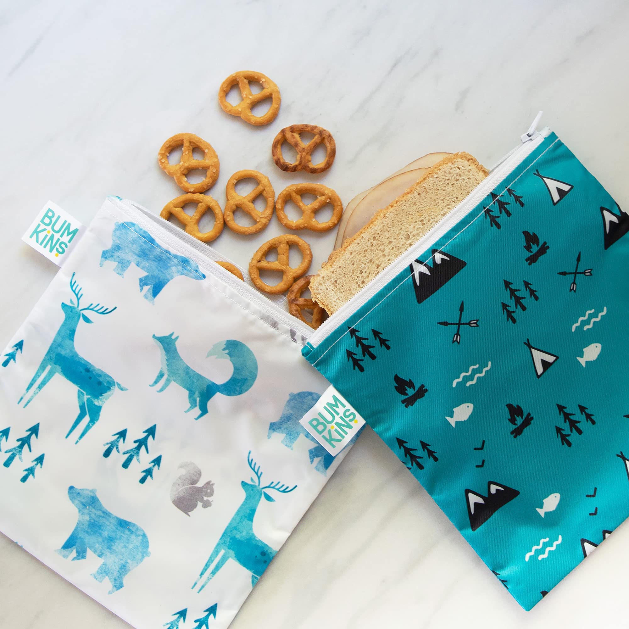 Bumkins Reusable Sandwich Bags & Snack Bags - Washable Fabric Food Storage, BPA Free, Eco-Friendly (7x7 Inches, Wildlife & Outdoor Design, Pack of 2) - Perfect for School Lunches, Picnics, and Travel Snacks