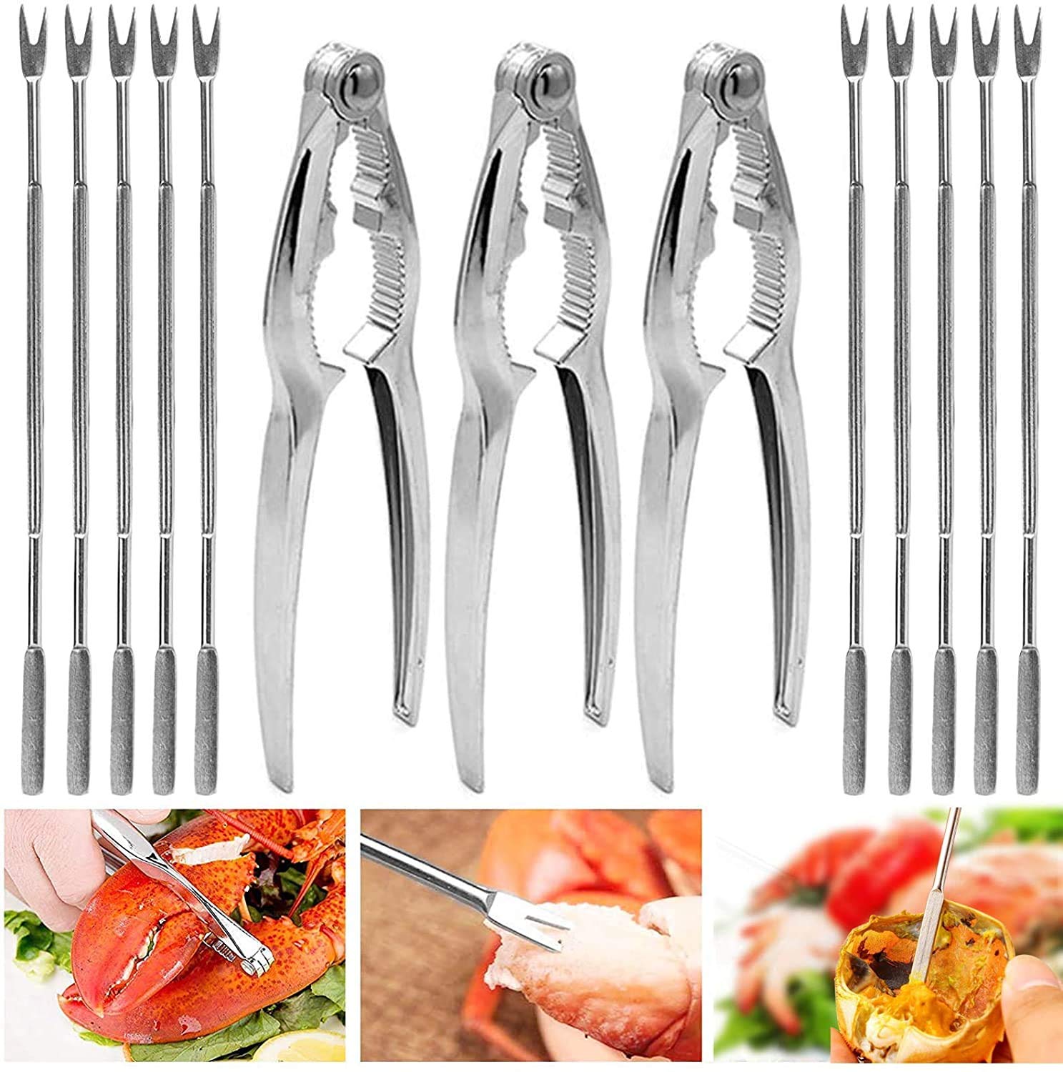 13-Piece Lobster Crackers and Picks Set - 3 Stainless Steel Crab Crackers & 10 Seafood Forks - Nut & Crab Leg Crackers - Dishwasher Safe - Perfect for Seafood Boils, Dinner Parties & Beach Picnics