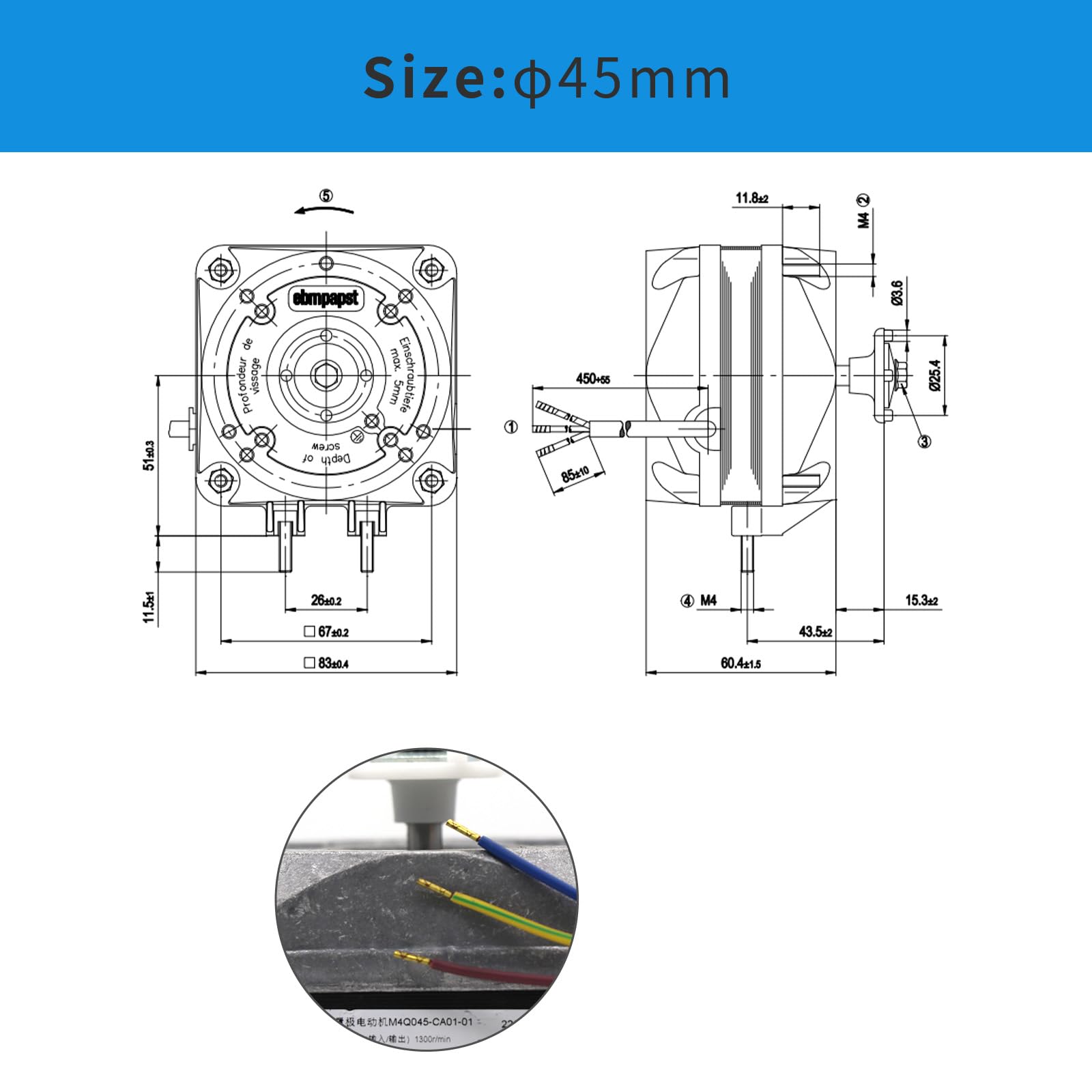 ebm-papst M4Q045-DA01-01 AC Fan Motor 230V 0.42mA 18W 50Hz/60Hz 1550RPM - High Performance Cooling Fan for HVAC, Electronics, and Industrial Equipment
