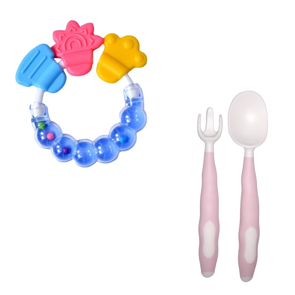 Kritiu BPA-Free Silicone Baby Rattle Nibbler & Spoon Set - Safe Teething Toy & Feeding Utensils for Infants 6+ Months (Blue & Pink) | Perfect for Soothing Sore Gums & Introducing First Foods