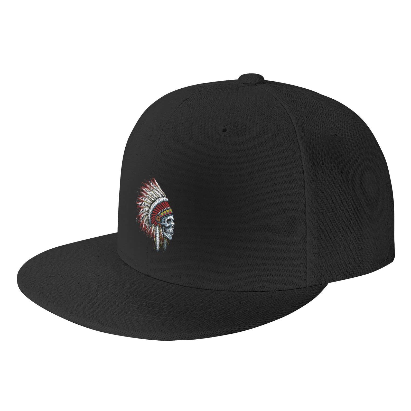 Vontako Indian Skull Trucker Hat for Men - Adjustable Snapback Flat Bill Dad Baseball Cap - Black One Size - Perfect for Casual Wear, Outdoor Activities & Gifts