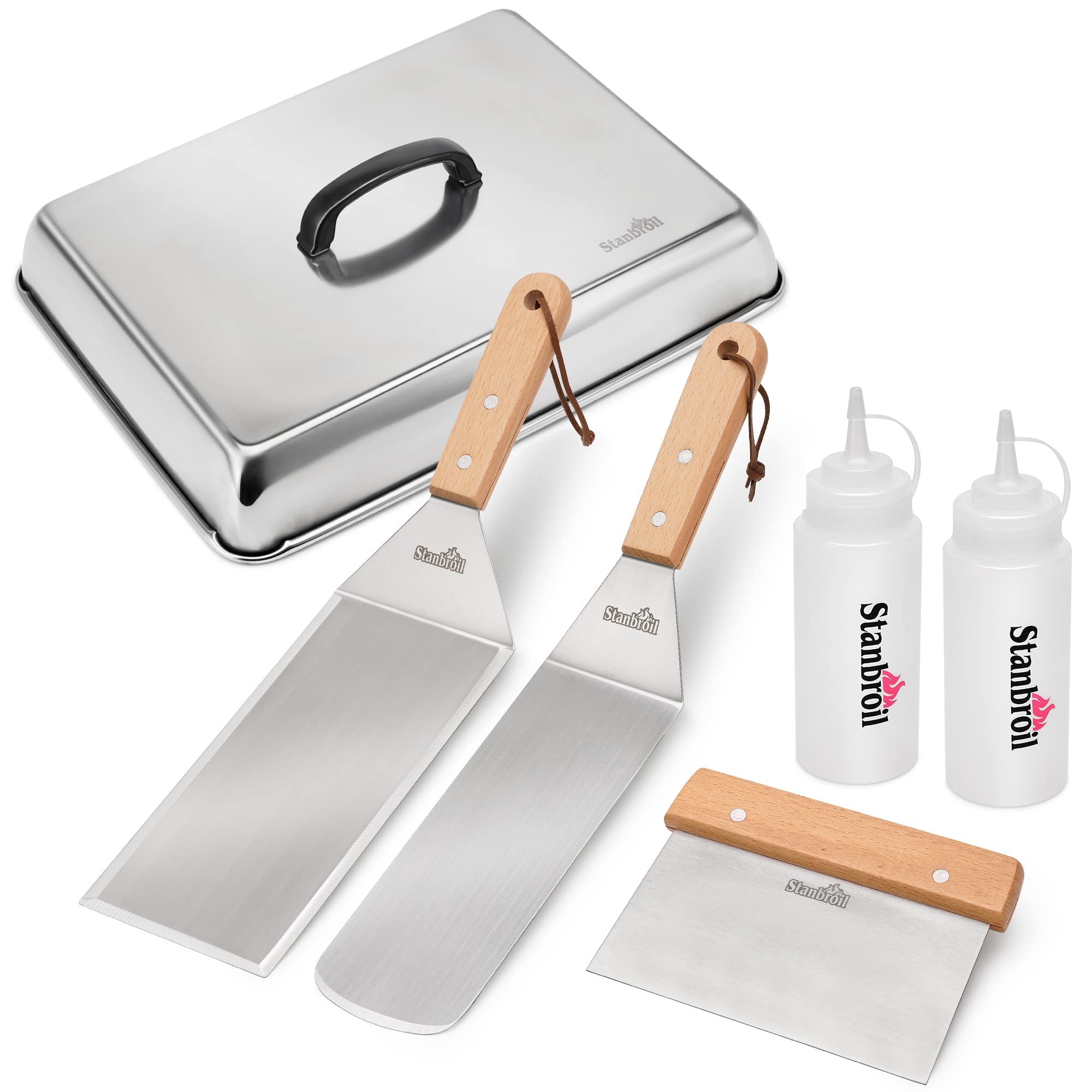 Stanbroil 6-Piece BBQ Griddle Accessories Set - Heavy Duty Stainless Steel Grill Scraper, Spatula, Basting Cover & Oil Bottles for Blackstone, Camp Chef & Outdoor Griddles - Perfect for Backyard Grilling, Camping & Tailgating