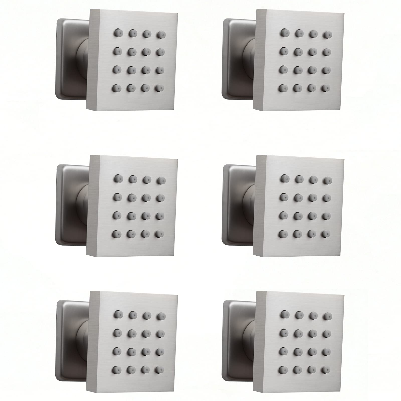 6-Piece Brushed Nickel Shower Body Jets - 2 Inch Adjustable Square Spa Massage Sprayer with 1/2